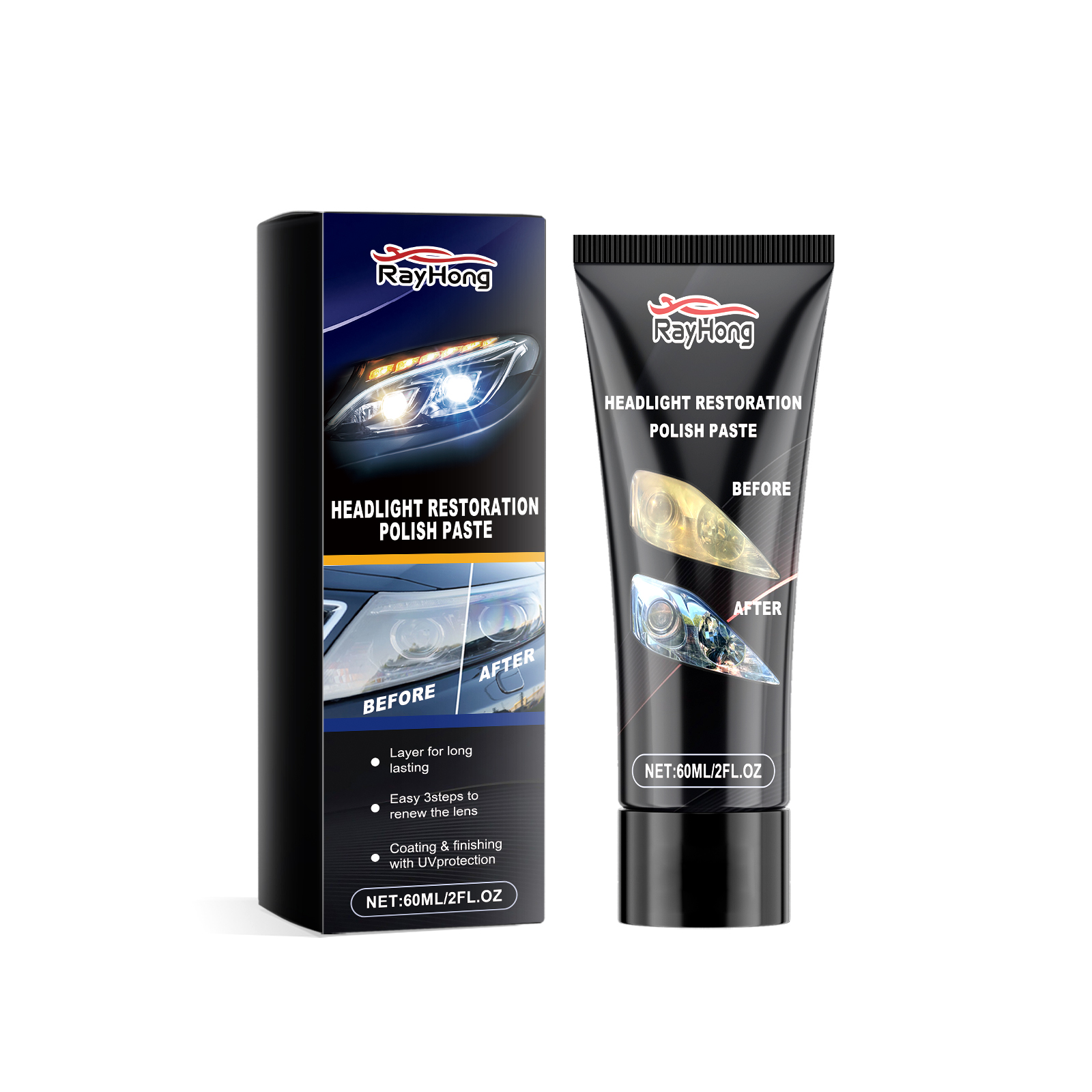 Automotive headlight polish tube beside retail box