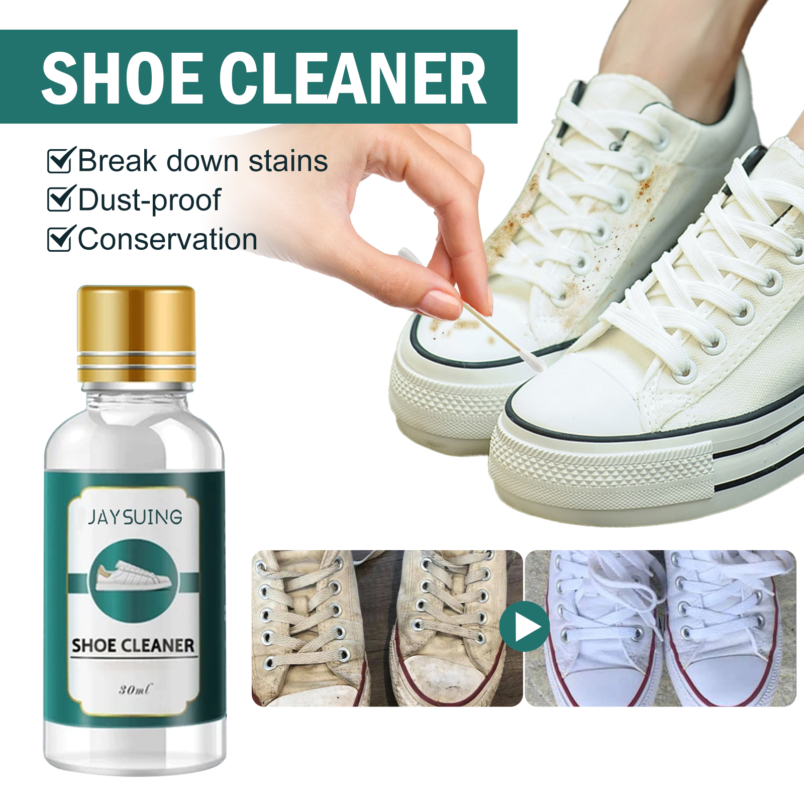 Hand wiping a white sneaker with compact cleaning solution