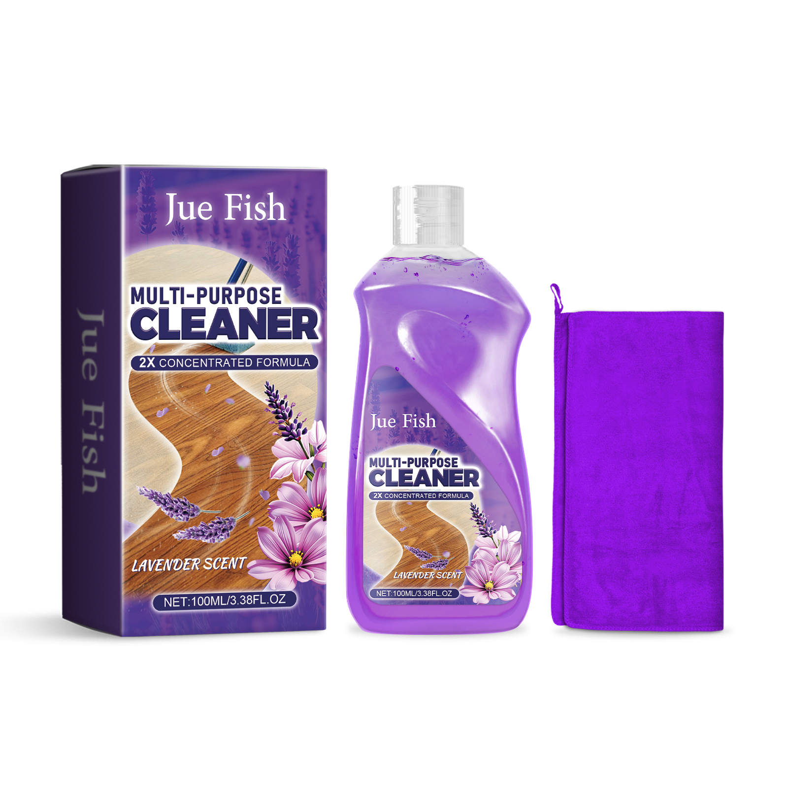 Lavender cleaner bottle with coordinated boxed presentation