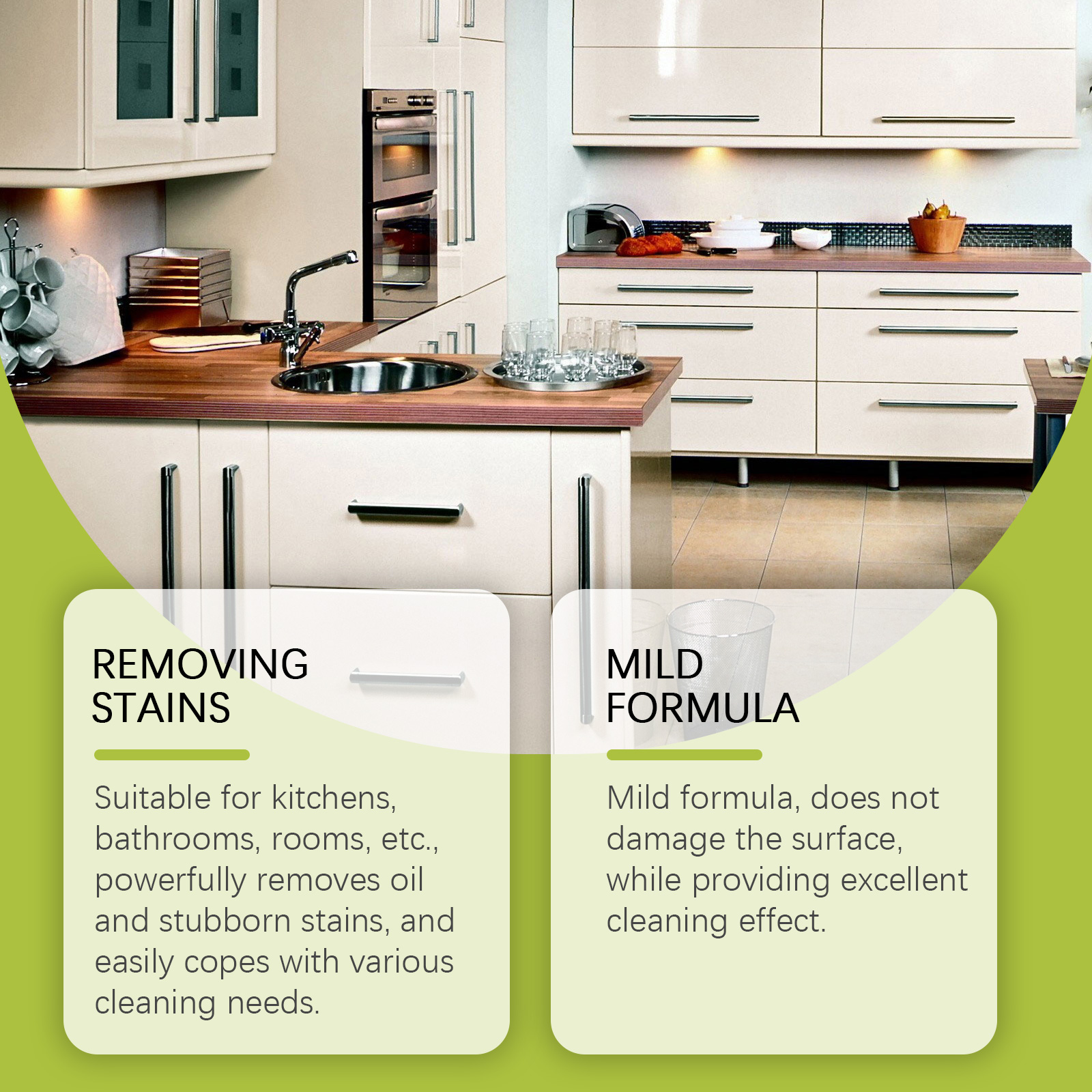 Cleaner packaging highlighting stains and mild formula
