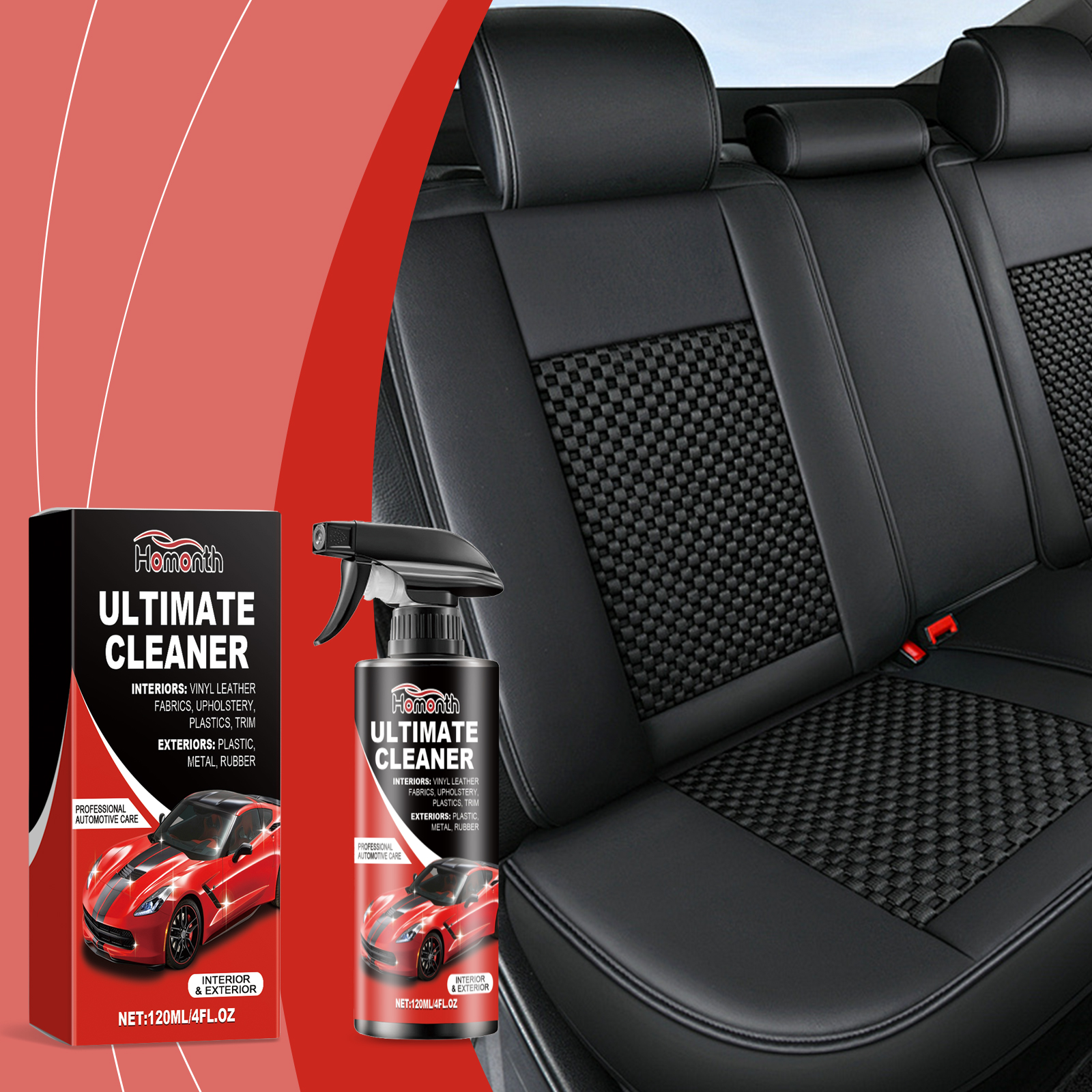 Automotive cleaner beside leather and fabric upholstery