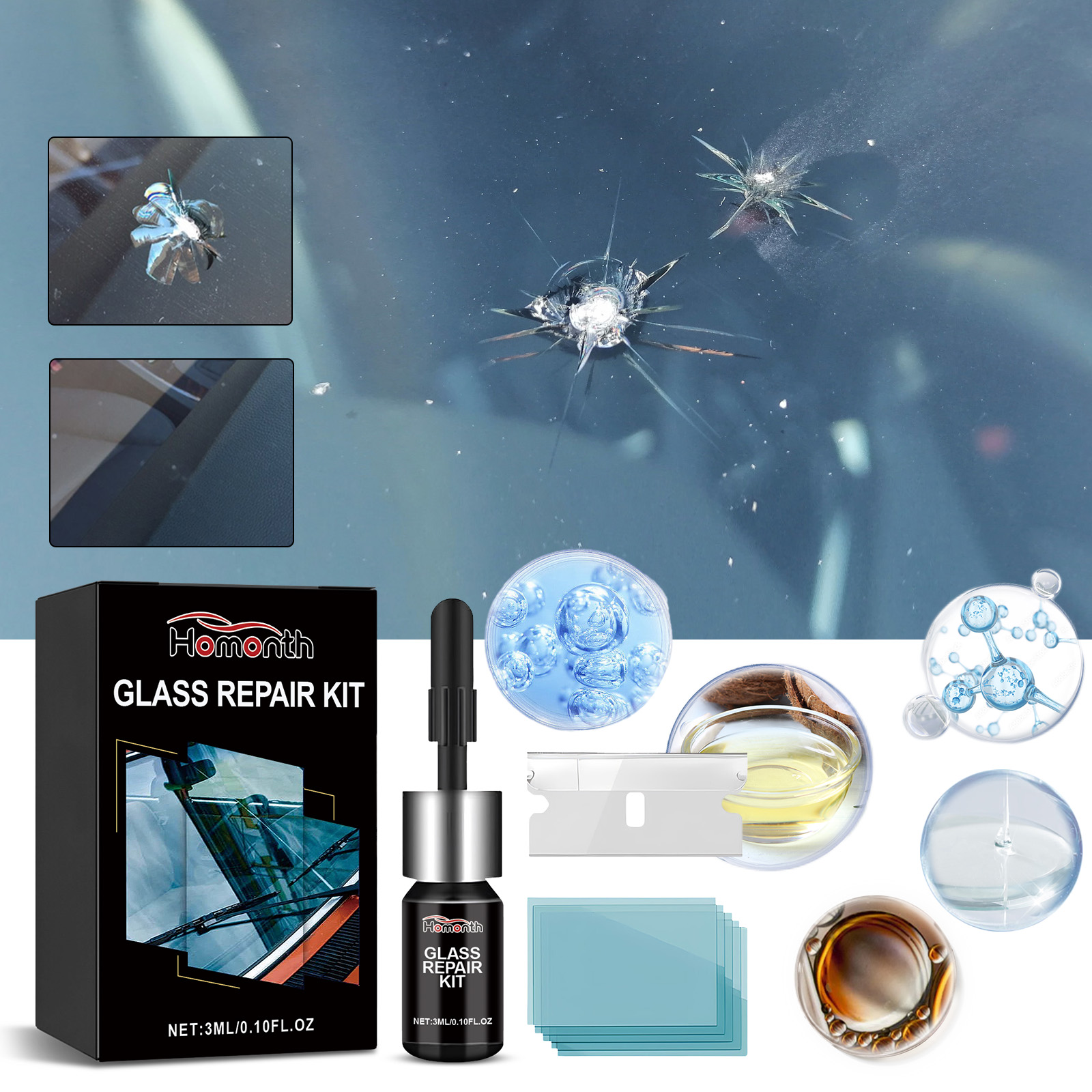 Windshield damage examples beside glass repair kit