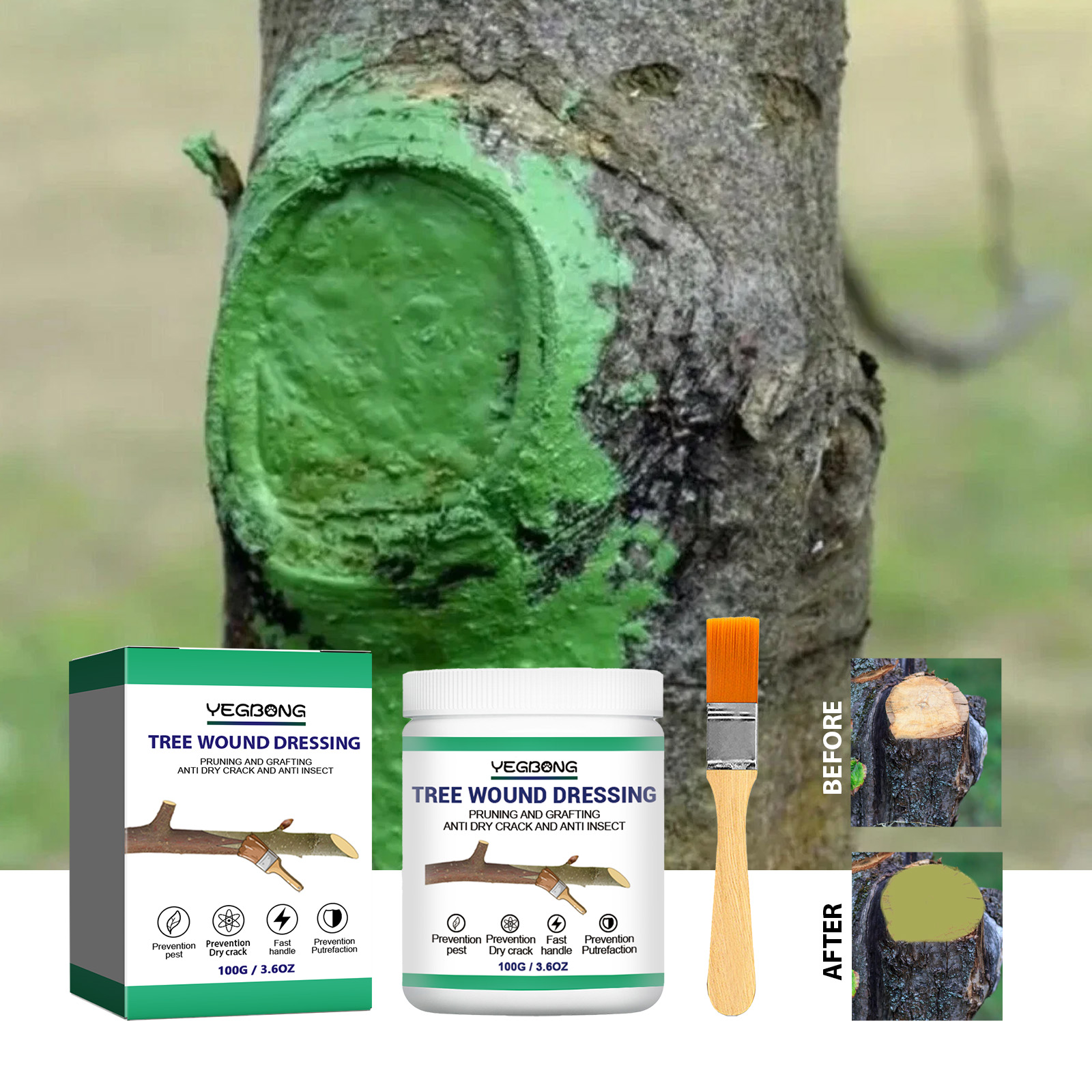 Green dressing brushed across damaged tree bark