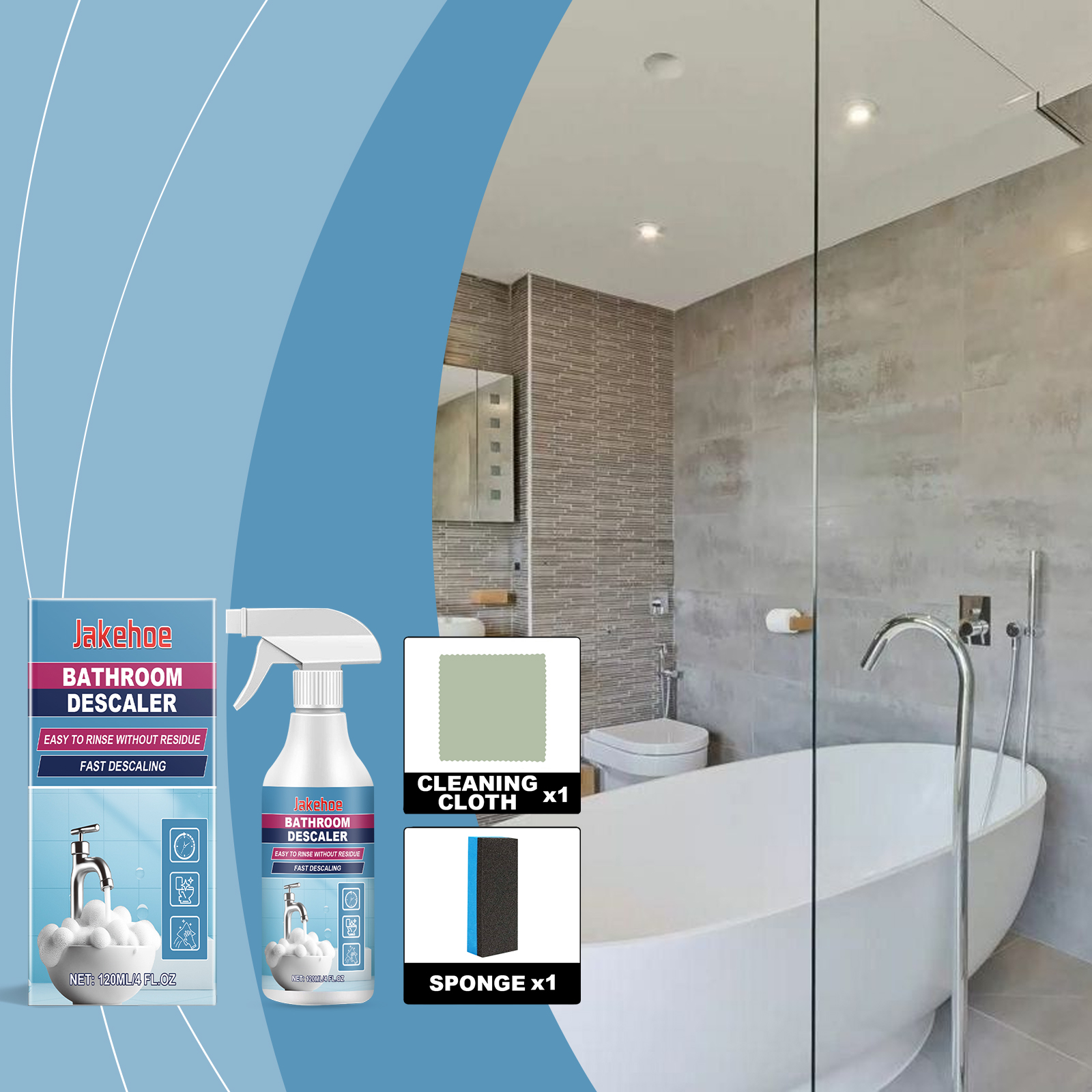 Descaler spray beside clean bathroom faucet