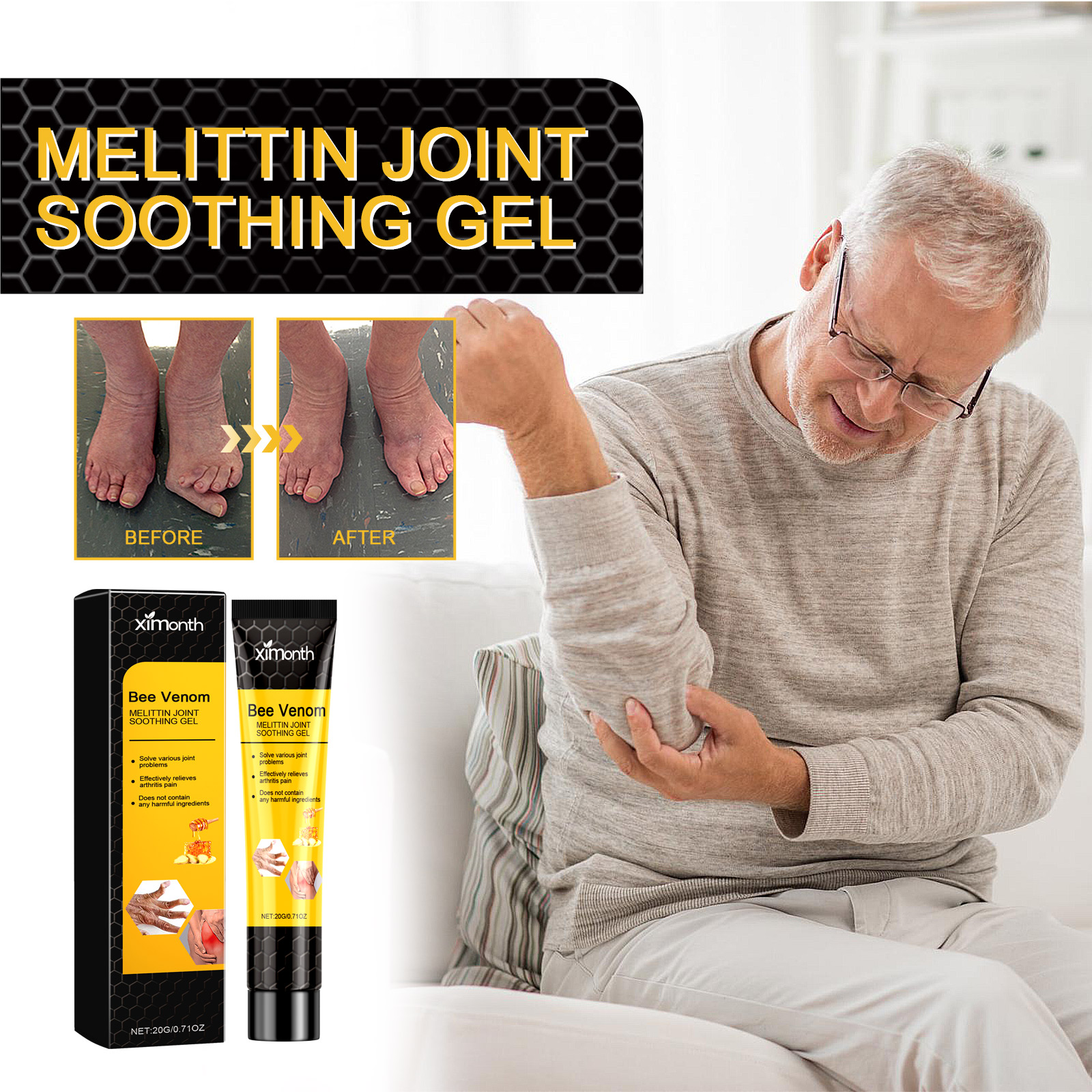 Bee venom gel shown with elbow discomfort illustration