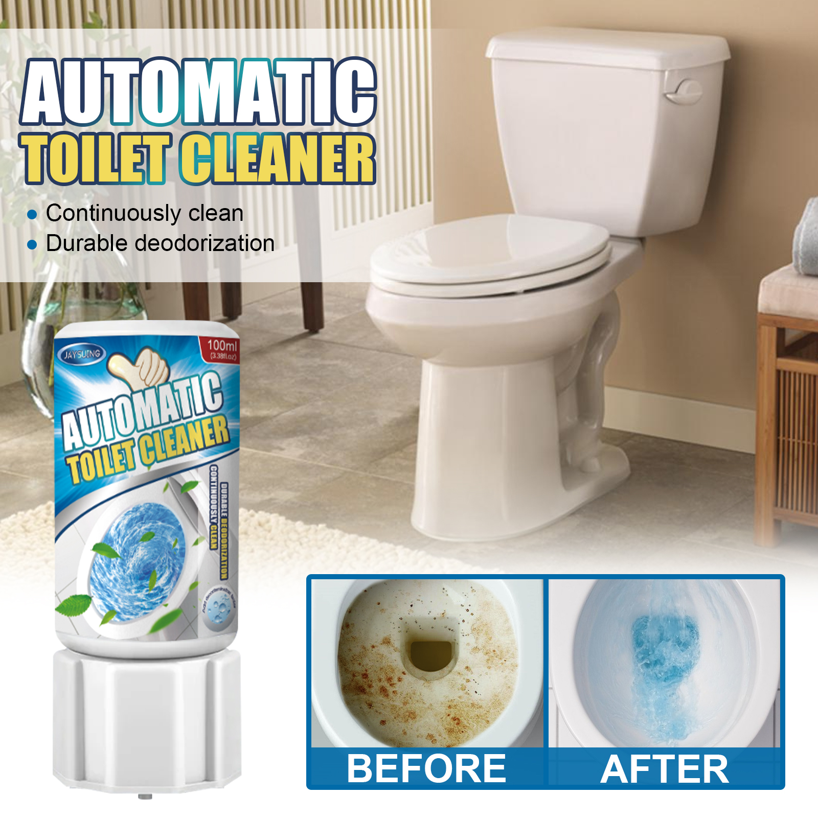 Automatic toilet cleaner beside a fresh white toilet bowl
