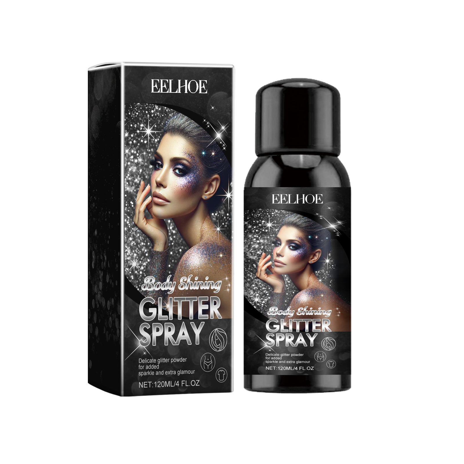 Reflective silver glitter artwork on black spray bottle