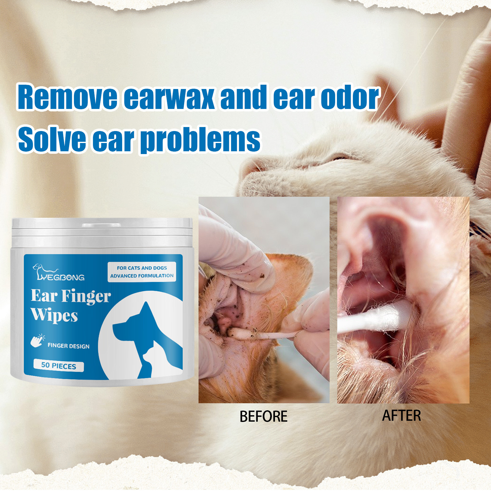 Pre-moistened pet ear wipe shown with packaging