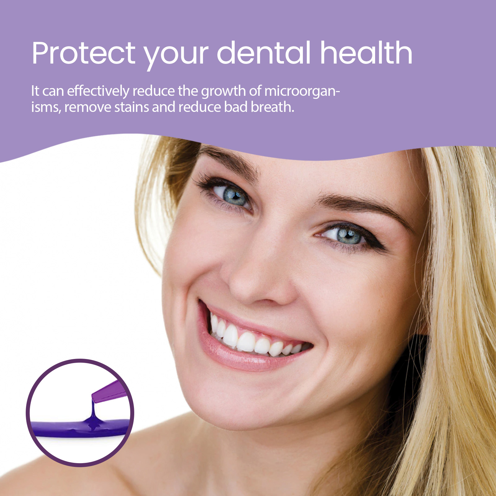Smiling woman beside purple liquid oral-care illustration