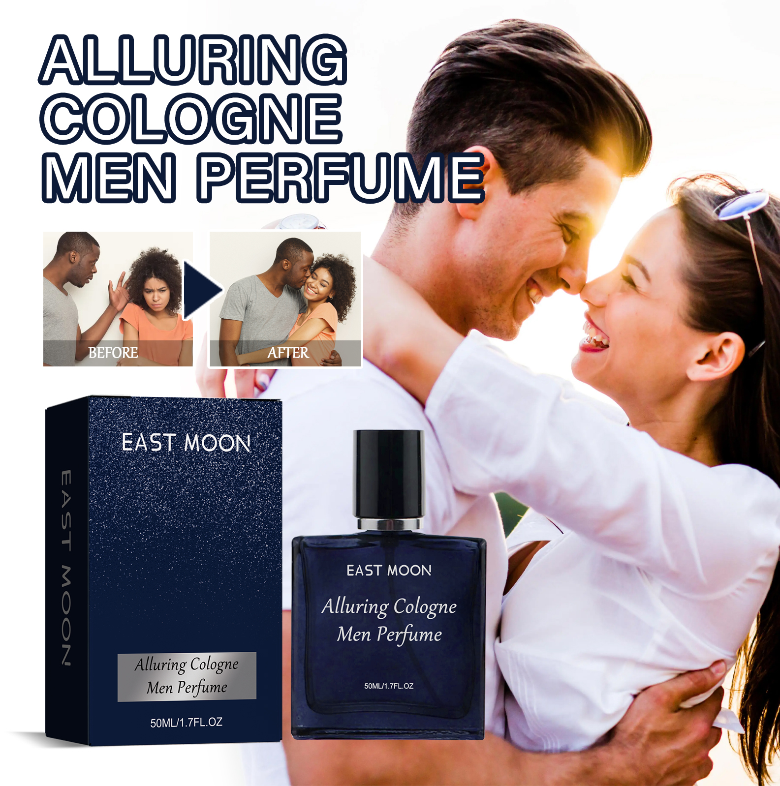 Couple embracing beside East Moon men's perfume
