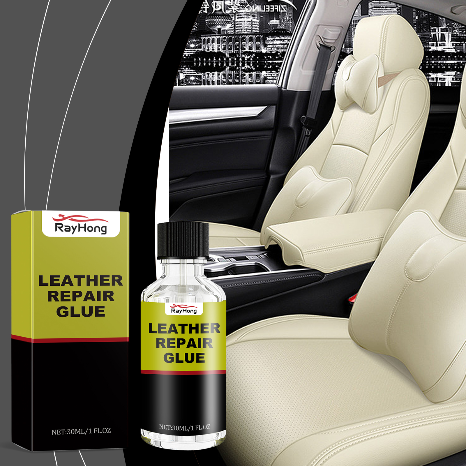 Leather repair glue beside cream automotive interior