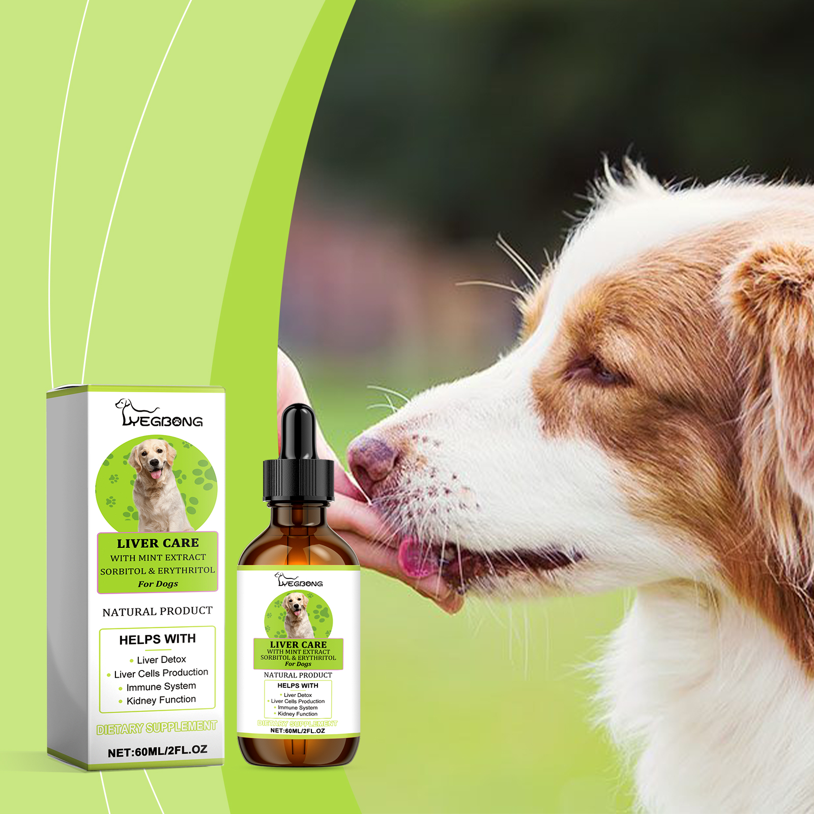 Dog beside liver-care drops during home wellness routine
