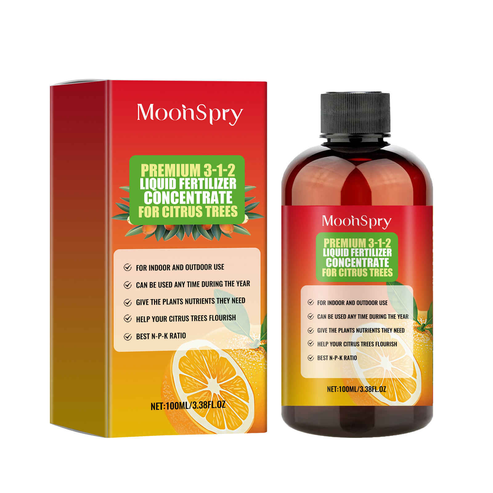 Amber fertilizer bottle and citrus-themed retail carton
