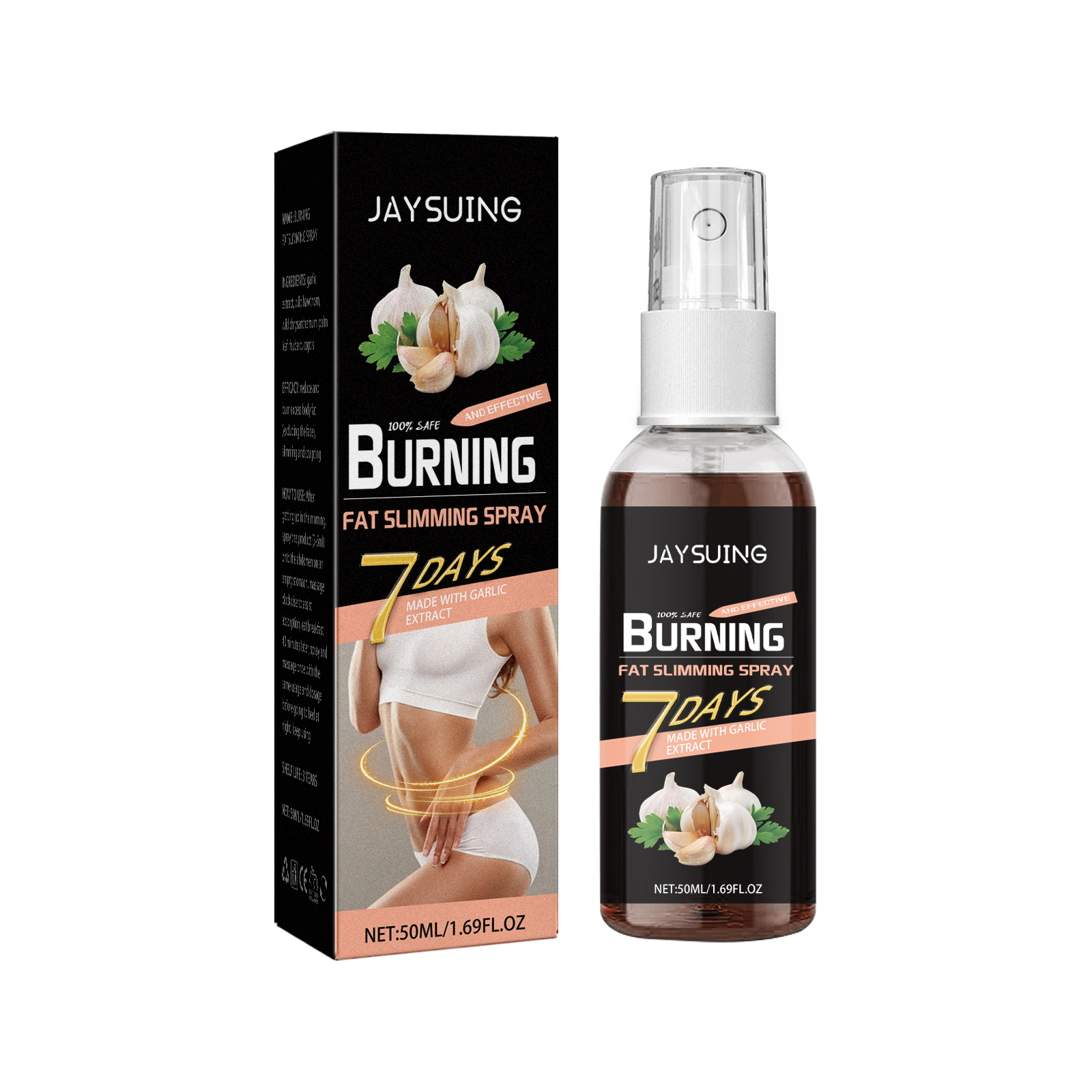 Body spray bottle with silver pump beside retail carton