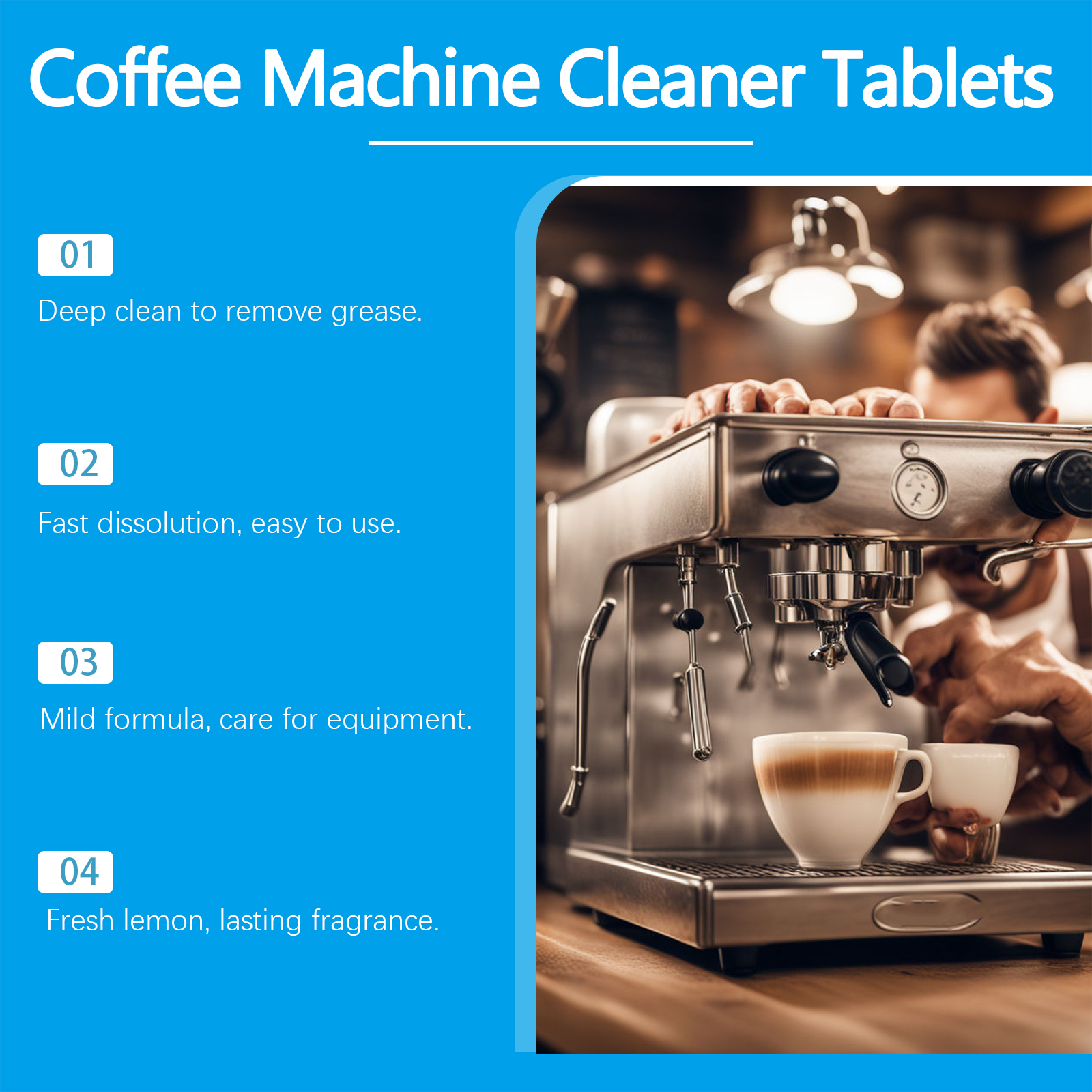 Coffee machine cleaning tablet benefits infographic