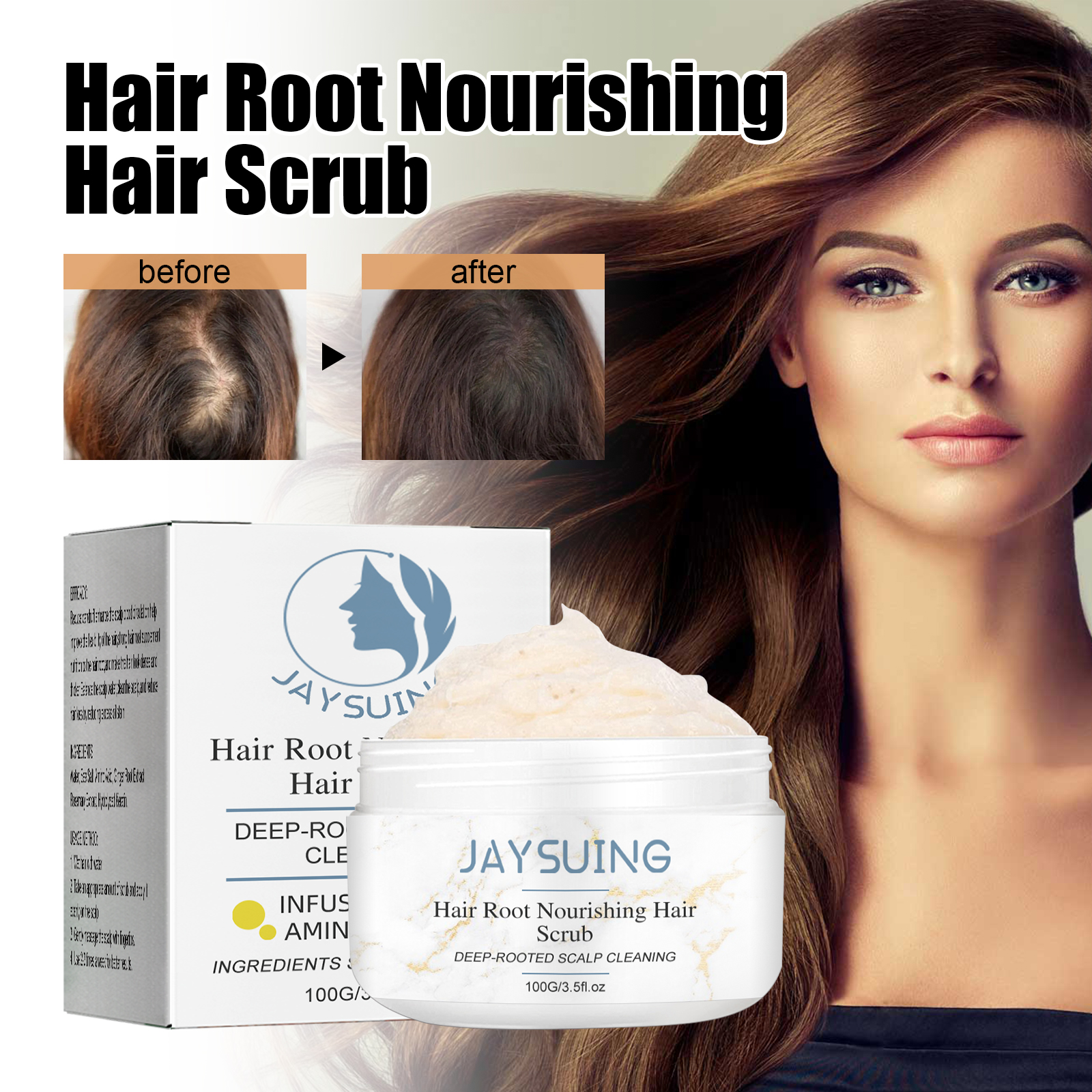 Promotional graphic showing cleaner roots and fuller-looking hair