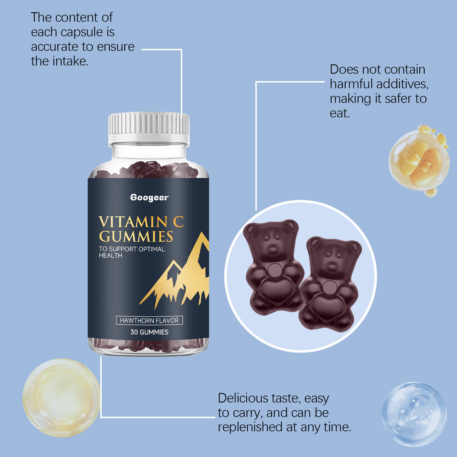 Glossy bear-shaped gummies beside clear bottle