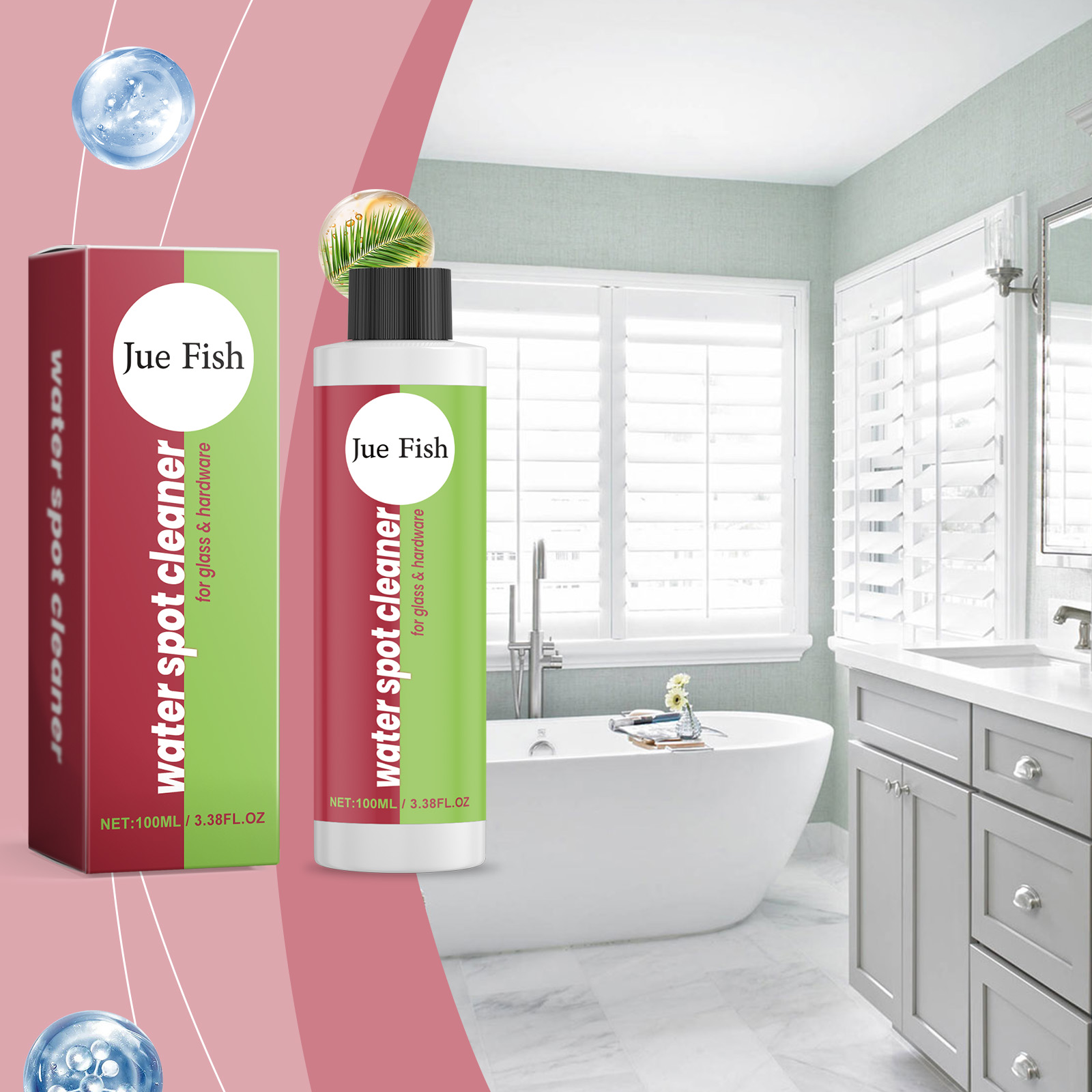 Cleaner bottle displayed in a bright modern bathroom