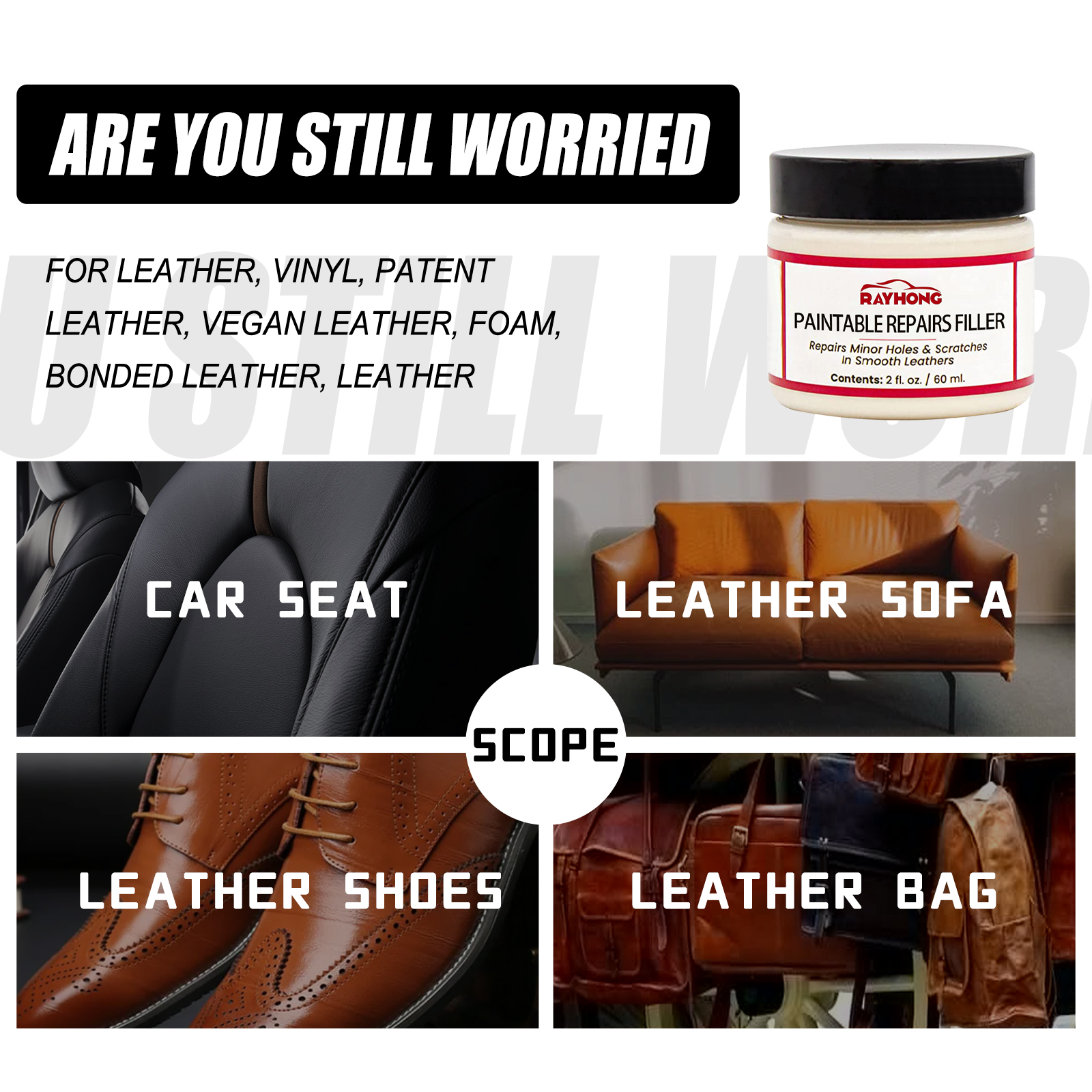 Leather filler jar beside varied repair applications
