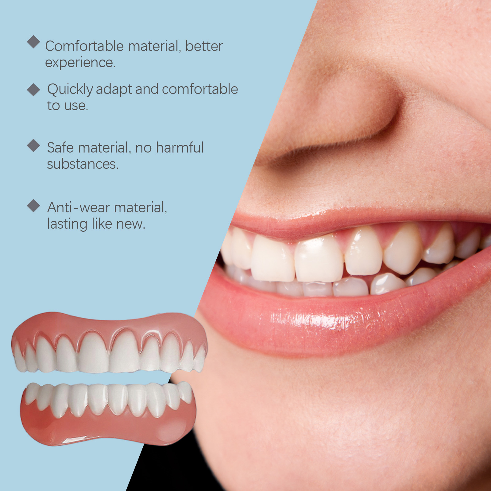 Upper and lower flexible denture pieces together