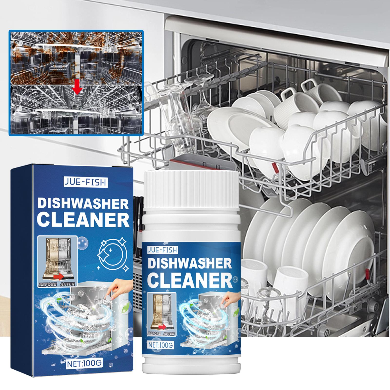 Dishwasher cleaner beside open dishwasher and tableware