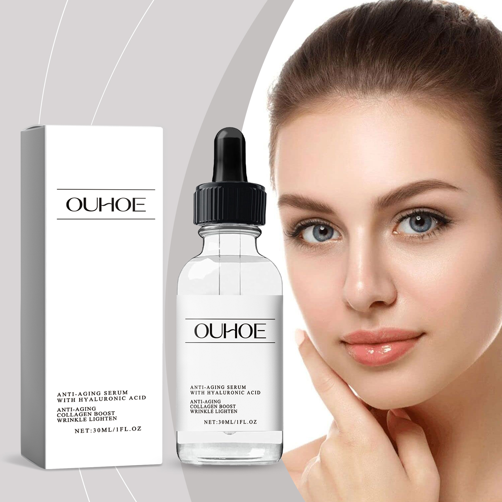Facial essence beside woman with radiant skin