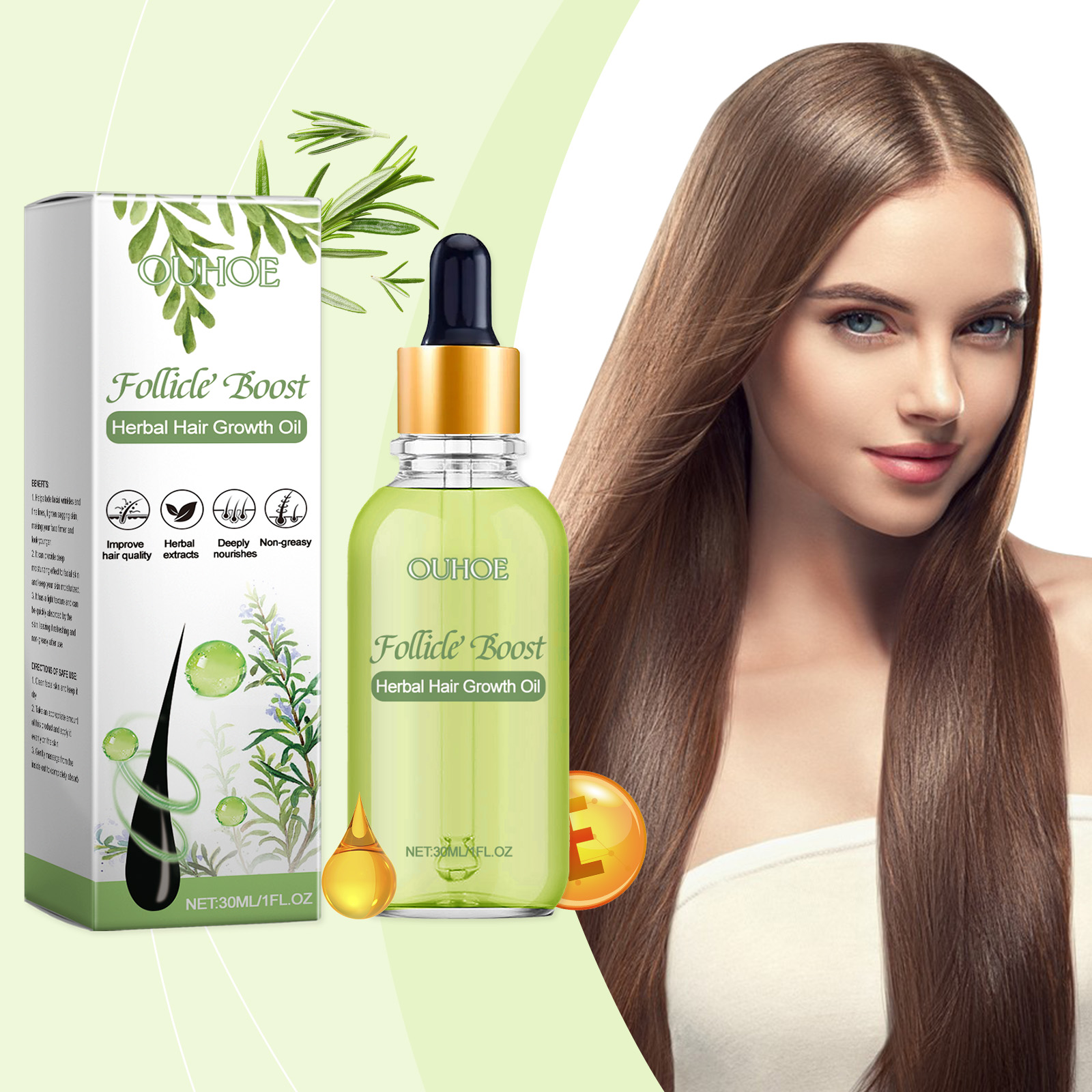 Herbal hair oil beside smooth long brown hair