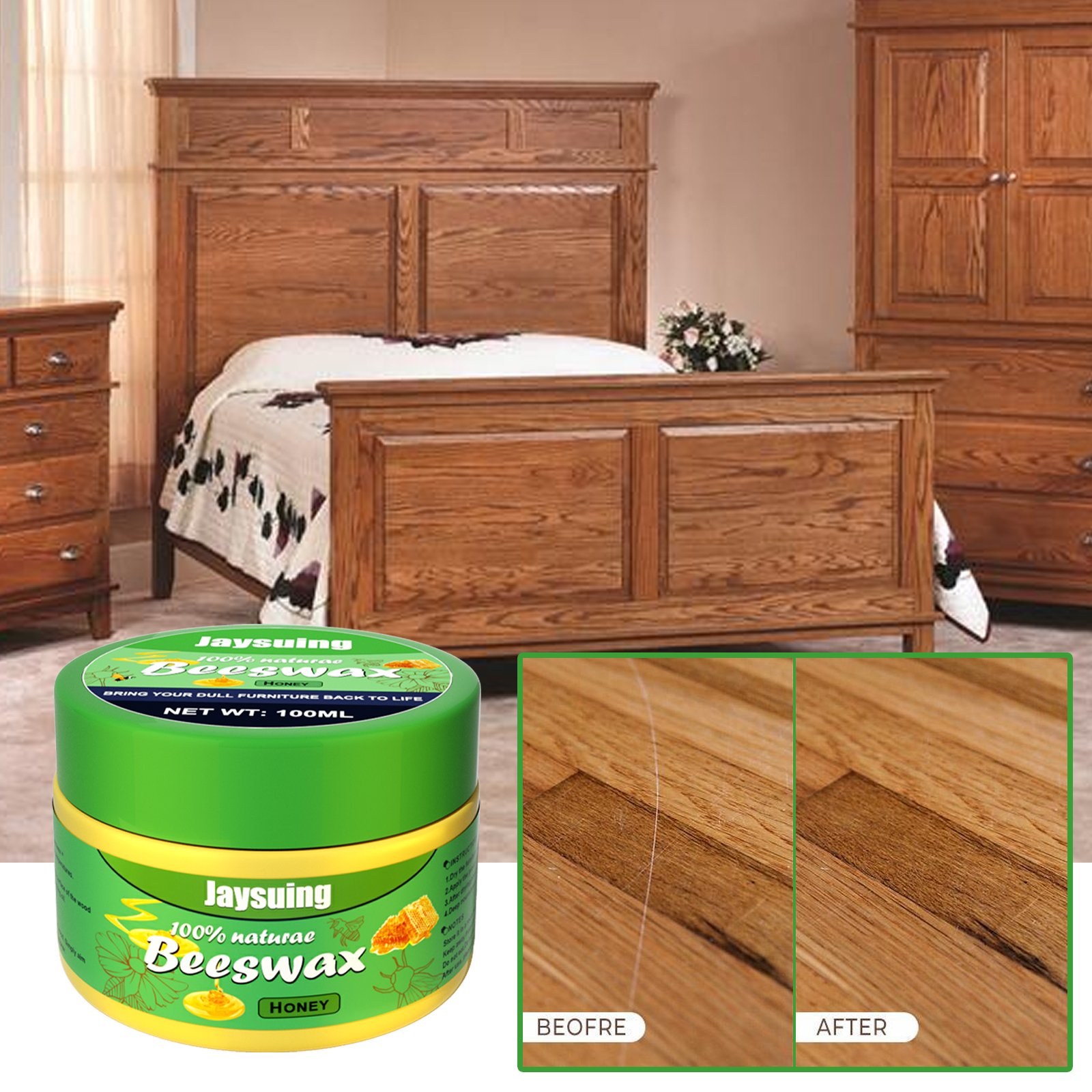 Wood surface before and after beeswax polishing
