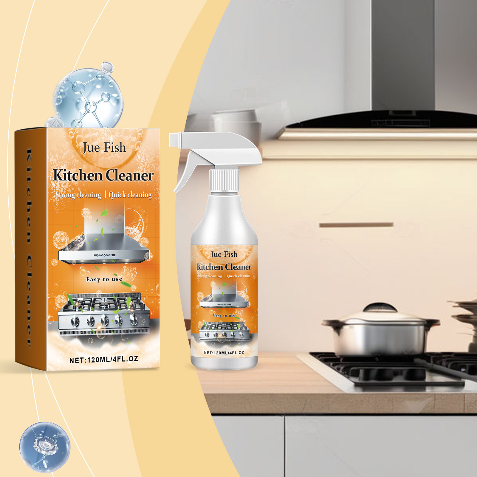 Kitchen cleaner bottle displayed beside a stovetop