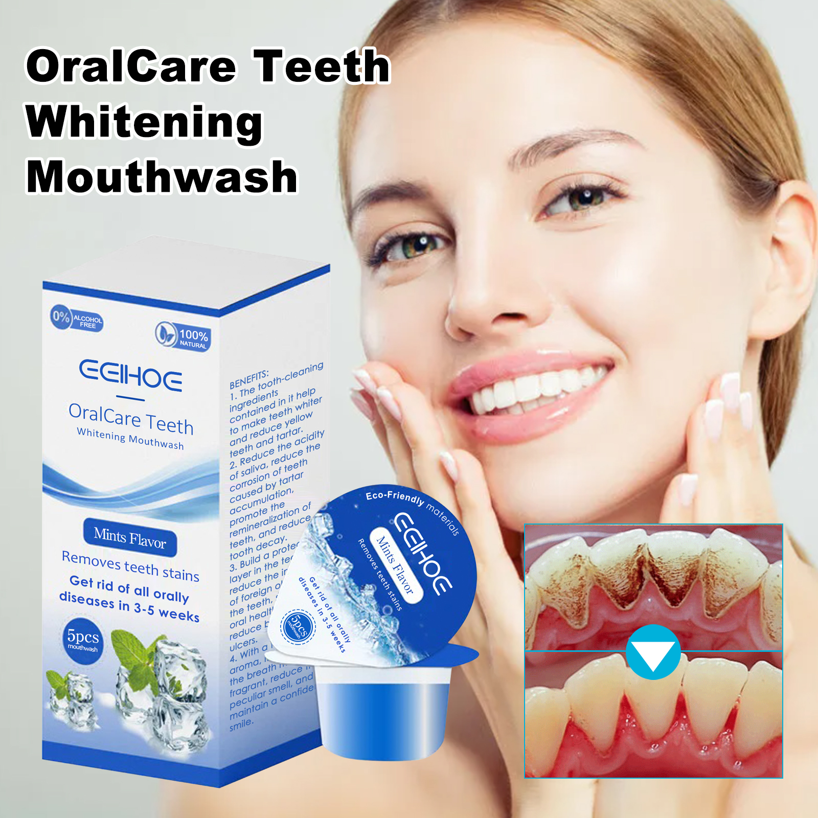 Smiling woman holding mint mouthwash packaging