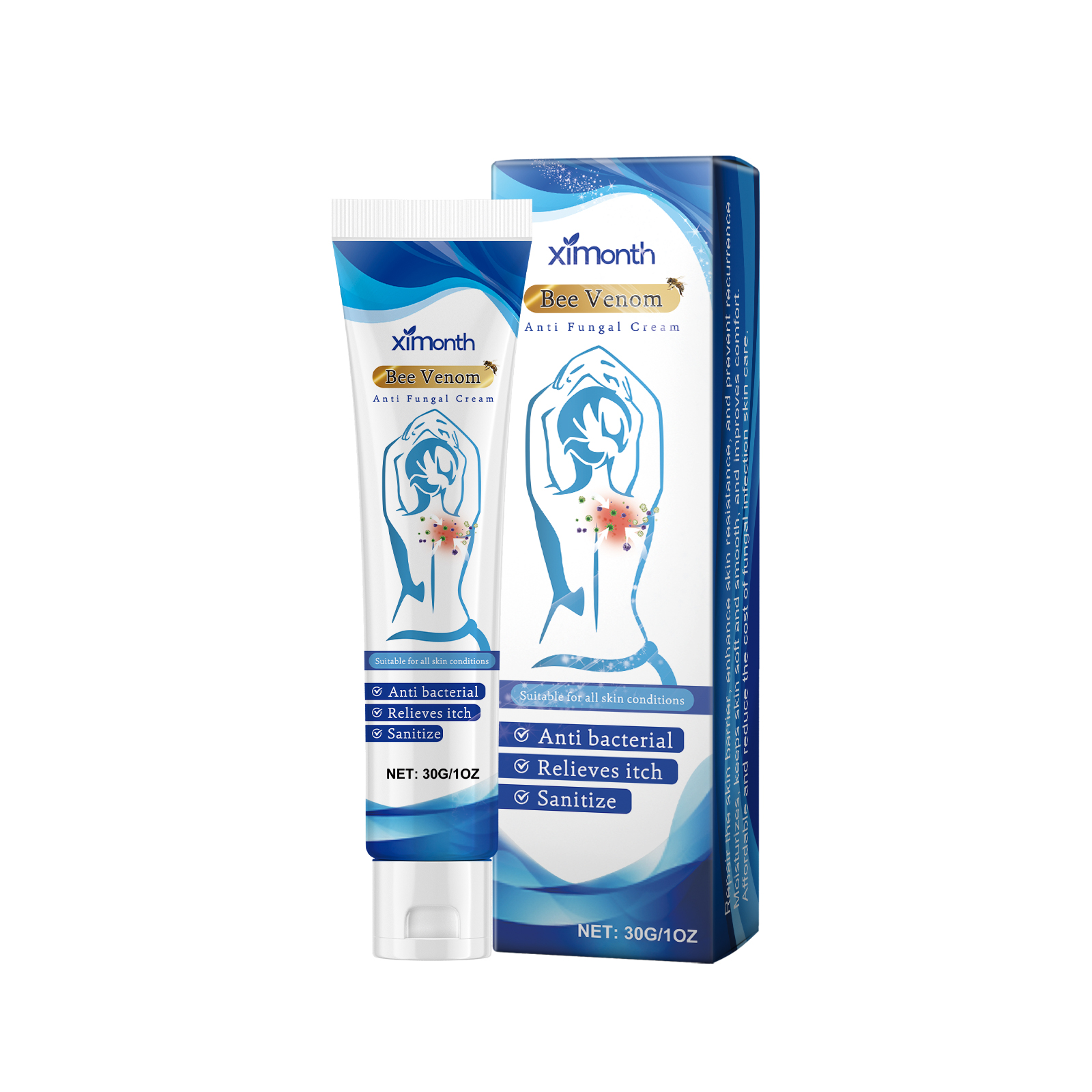 Blue and white cream packaging showing antifungal claims