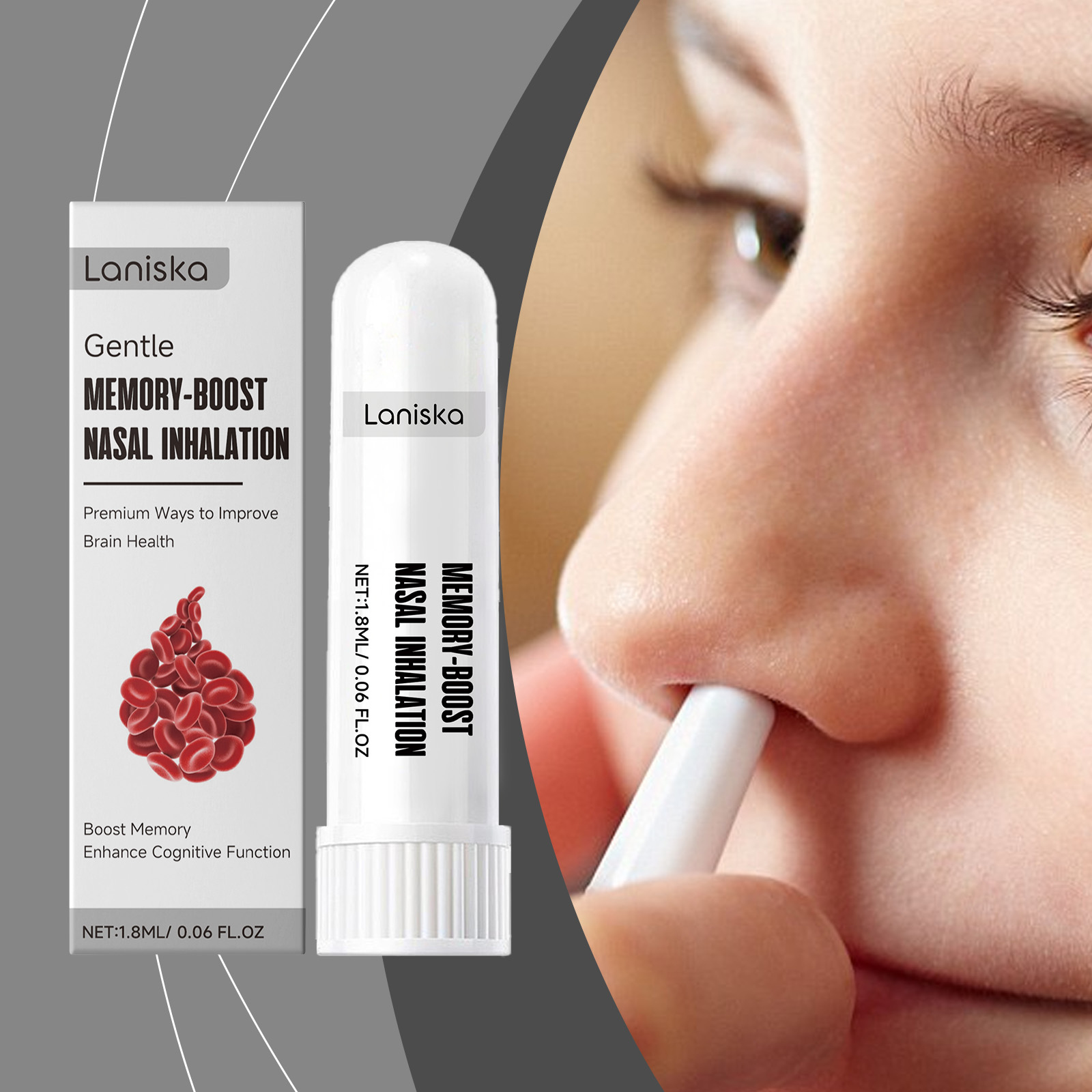 Portable inhaler held beside matching product packaging