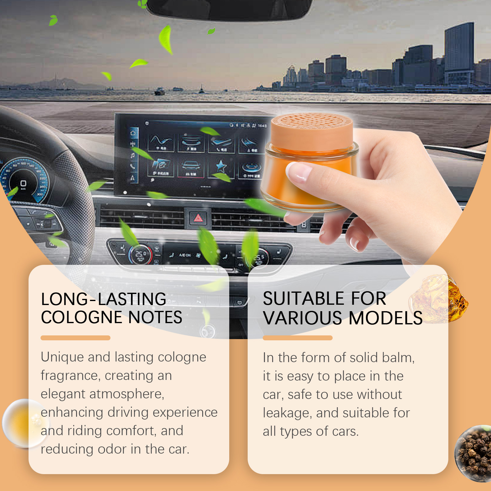 Portable orange balm held inside different car interiors