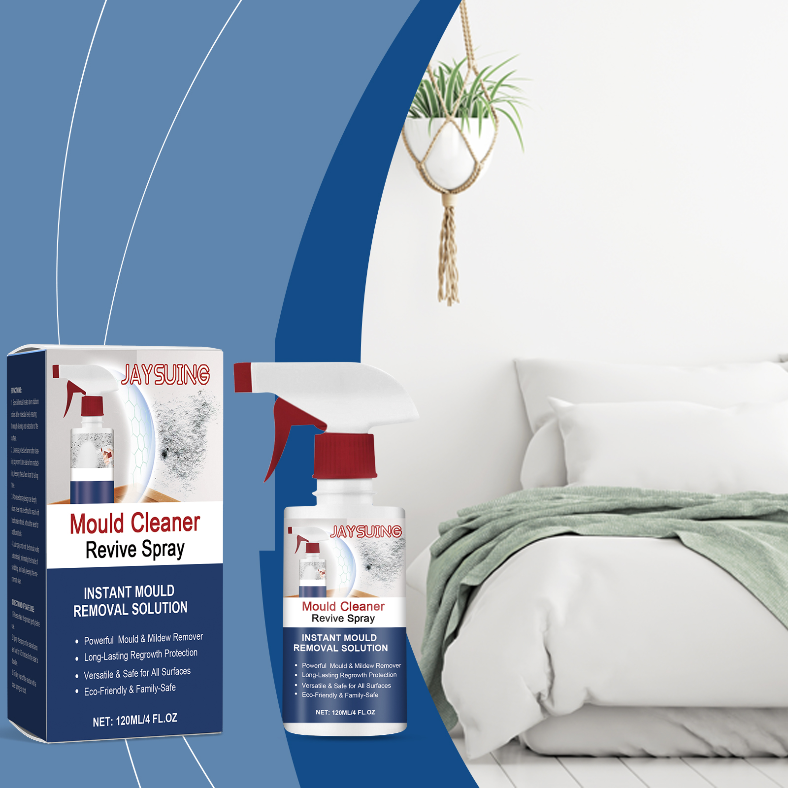 Compact mould spray staged in a clean bedroom