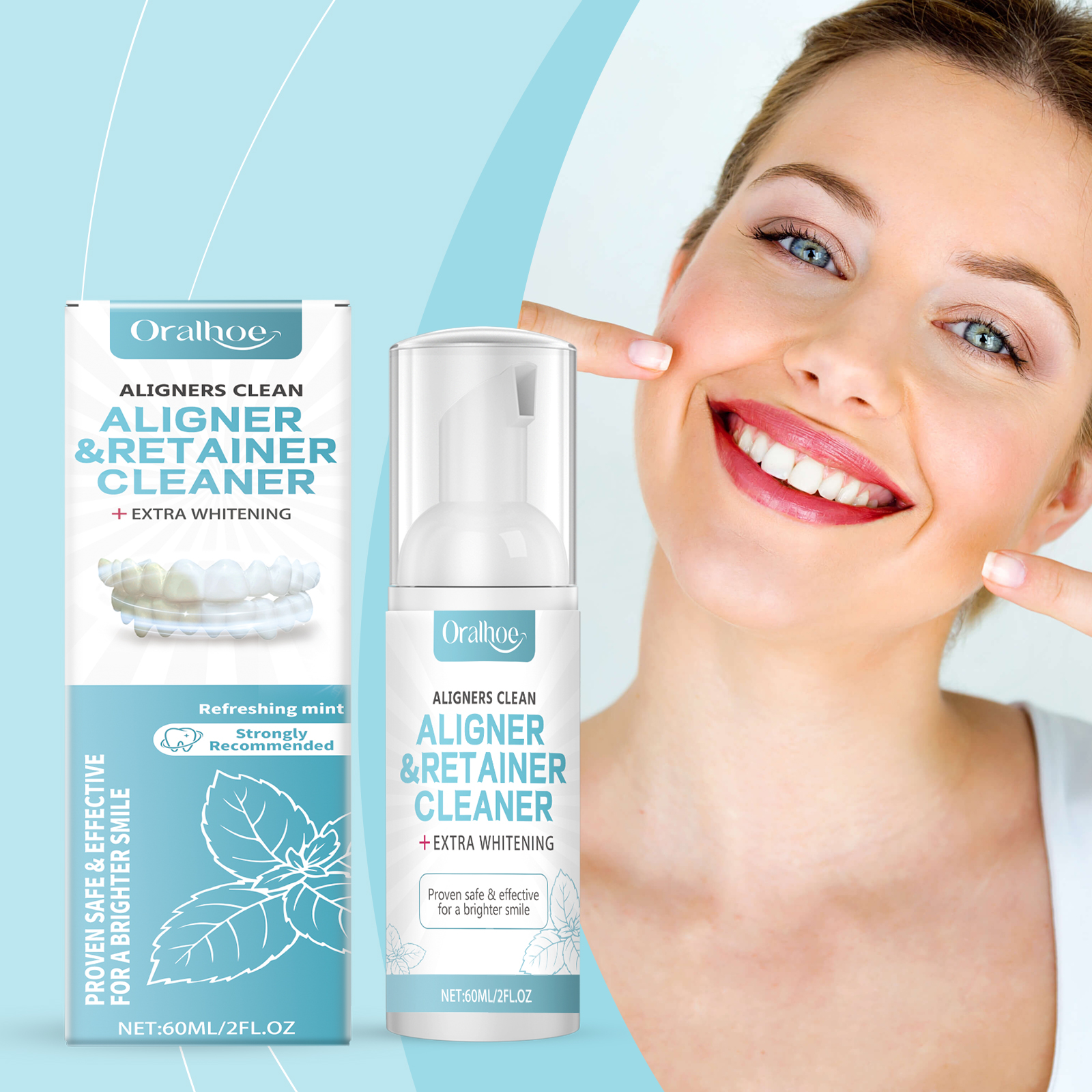 Woman holding aligner cleaner beside product box