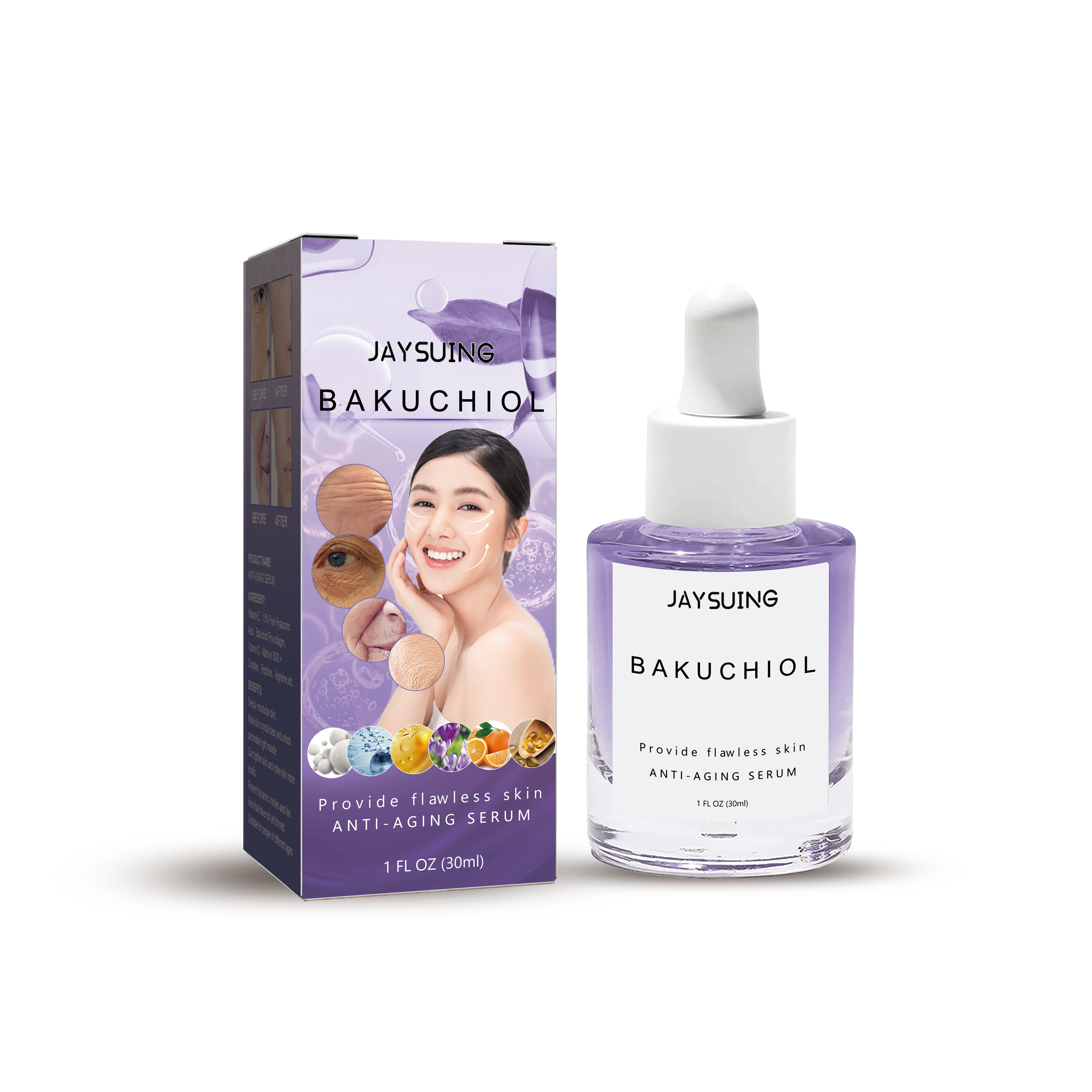 Glass dropper serum bottle with white cap and carton
