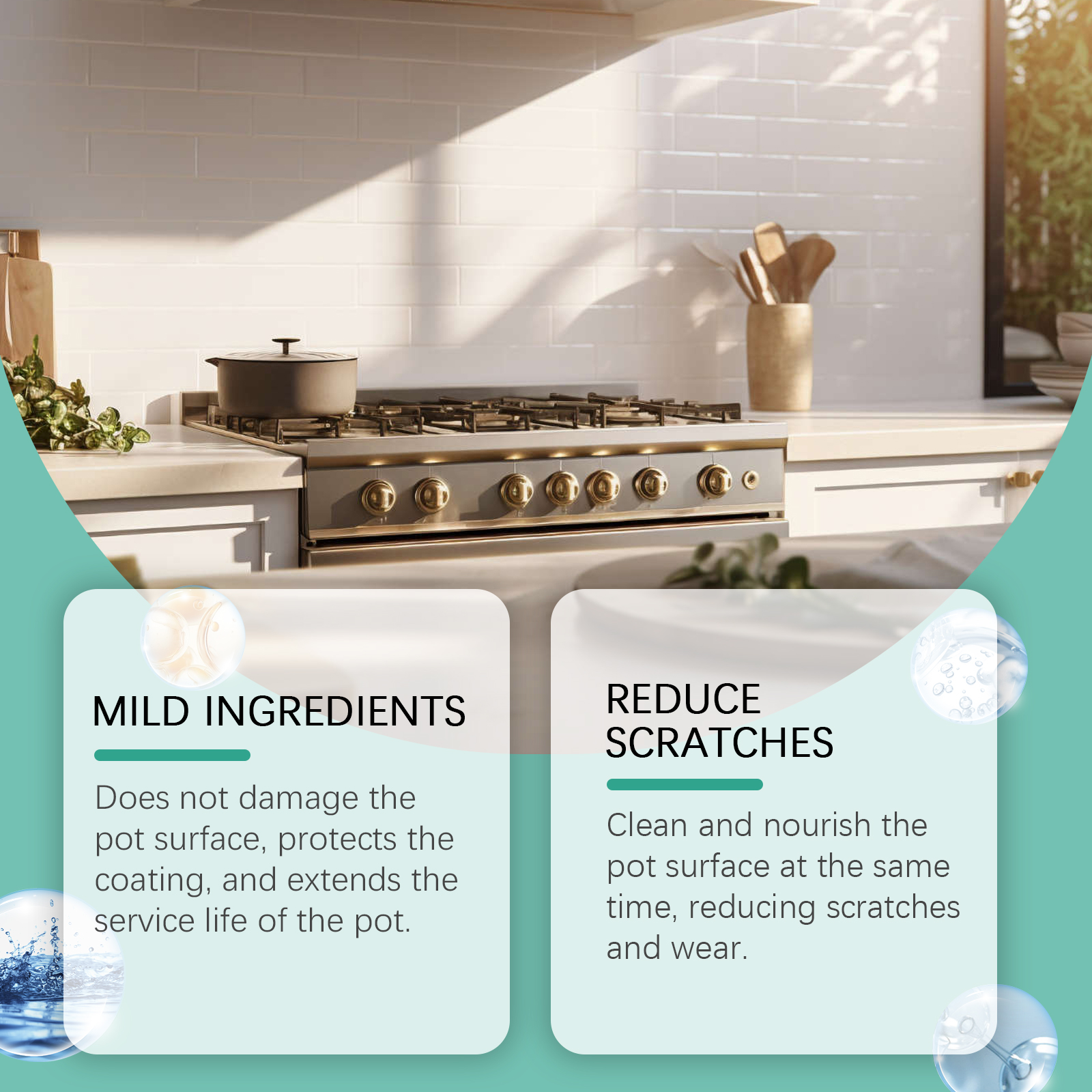 Mild formula pan cleaner beside bright clean cookware
