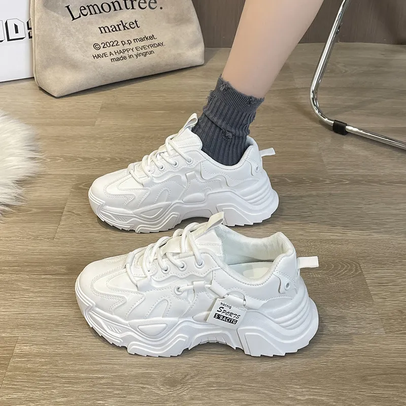 Thick soled women's white single shoes Korean version color blocked lace up height for casual