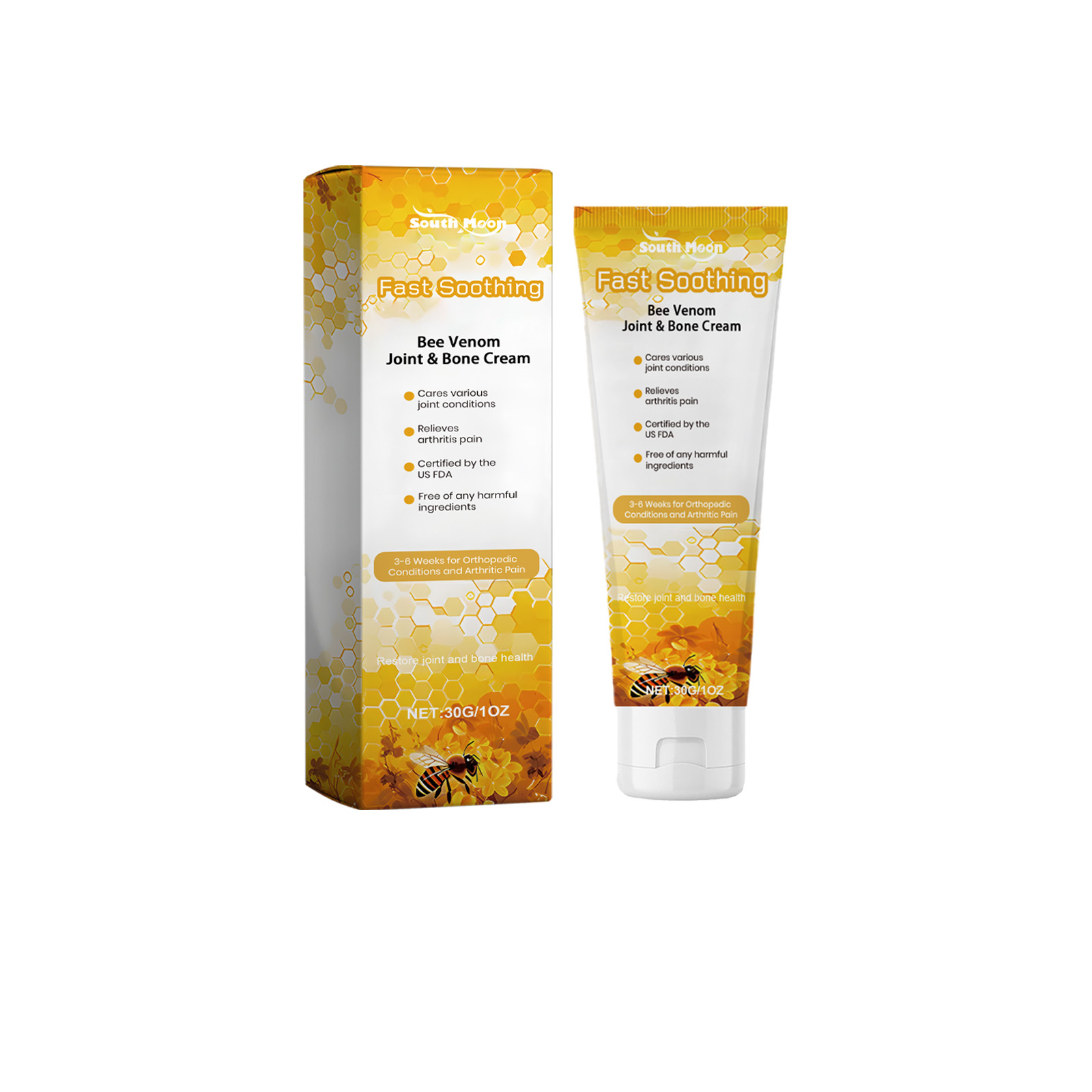 Bee and honeycomb artwork on bee venom cream packaging