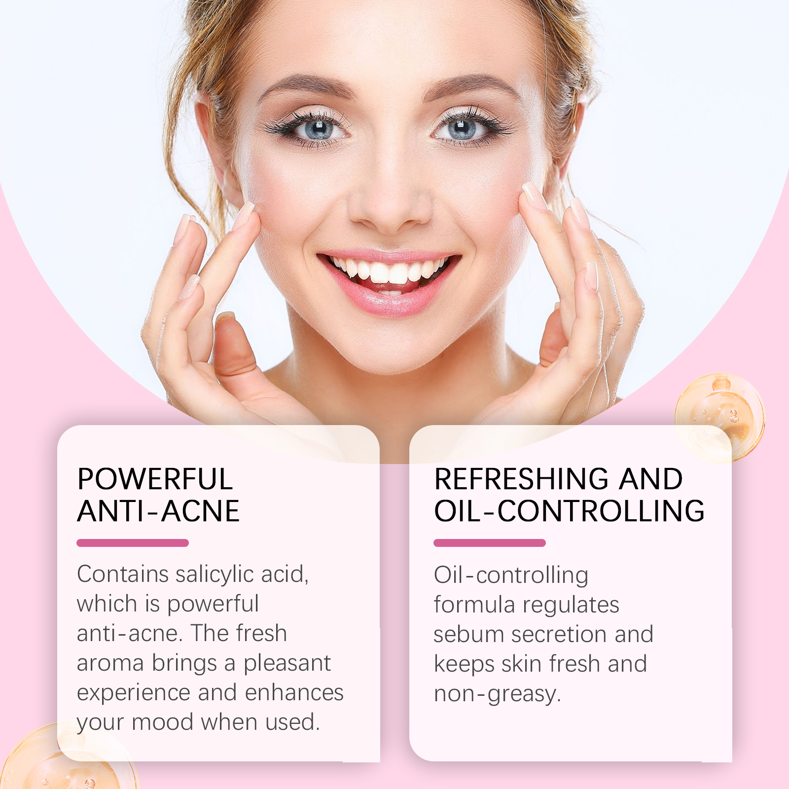 Skincare product beside oil-control benefit messaging