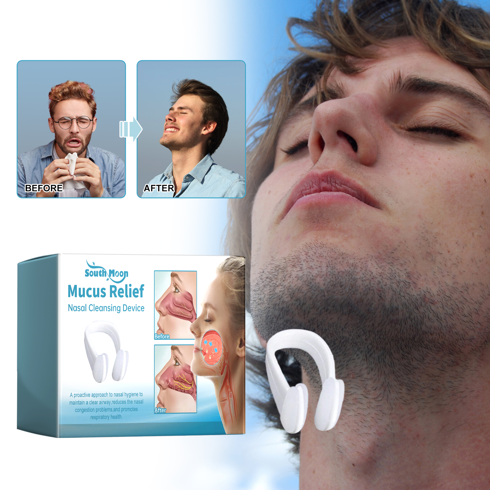 Adult experiencing nasal congestion beside Nasal Nurse