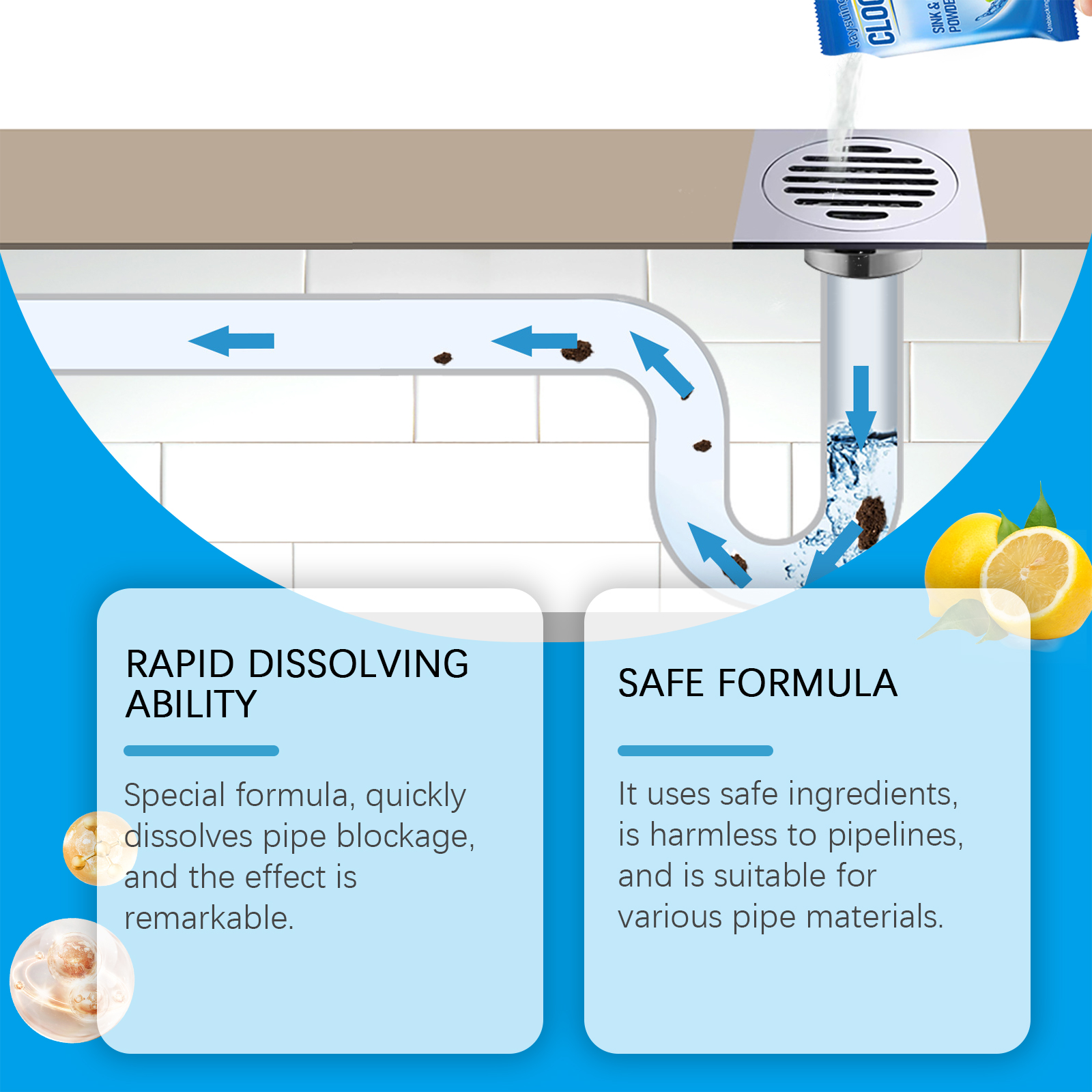 Illustration showing drain powder dissolving through connected pipes