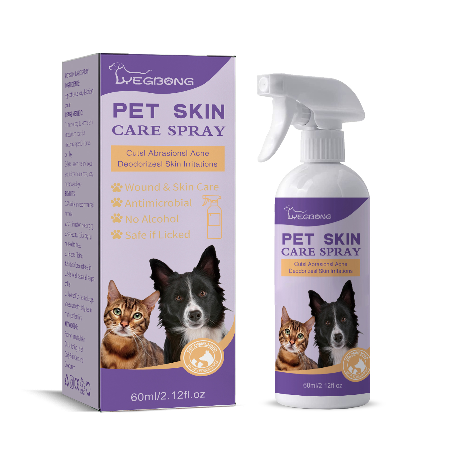 Cat and dog care areas shown on spray packaging