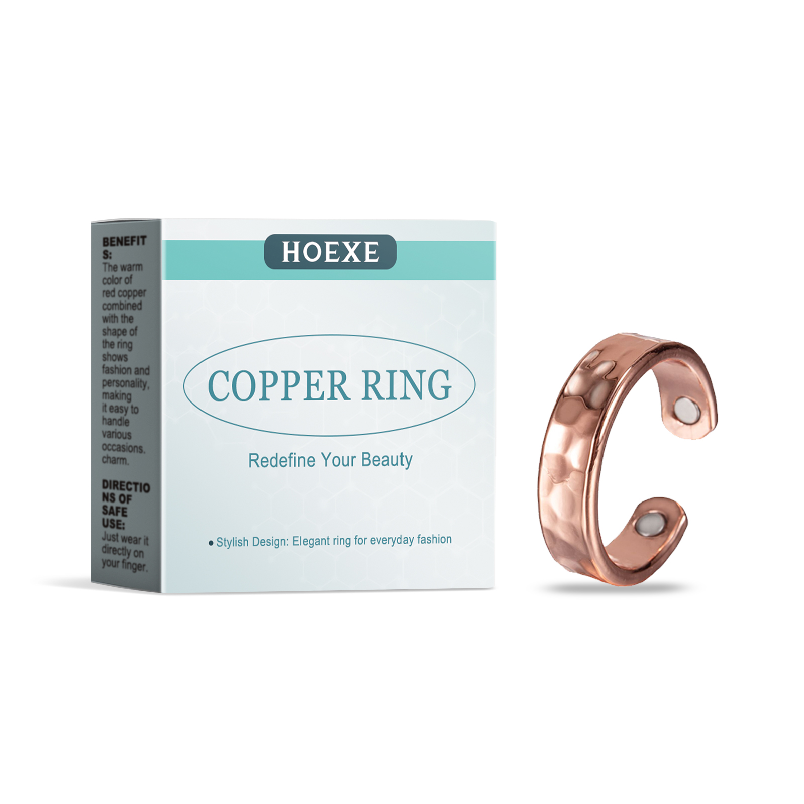 Copper ring displayed with branded presentation box