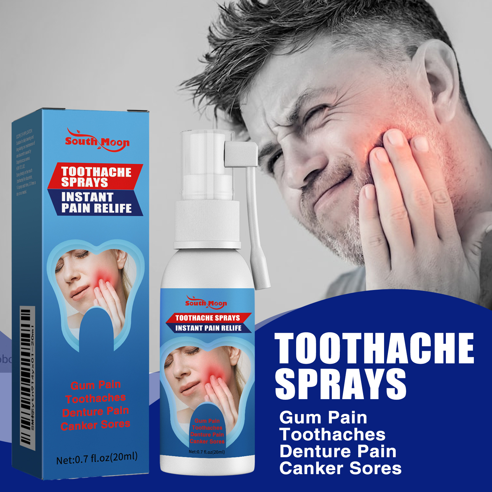 Adult holding cheek beside oral comfort spray