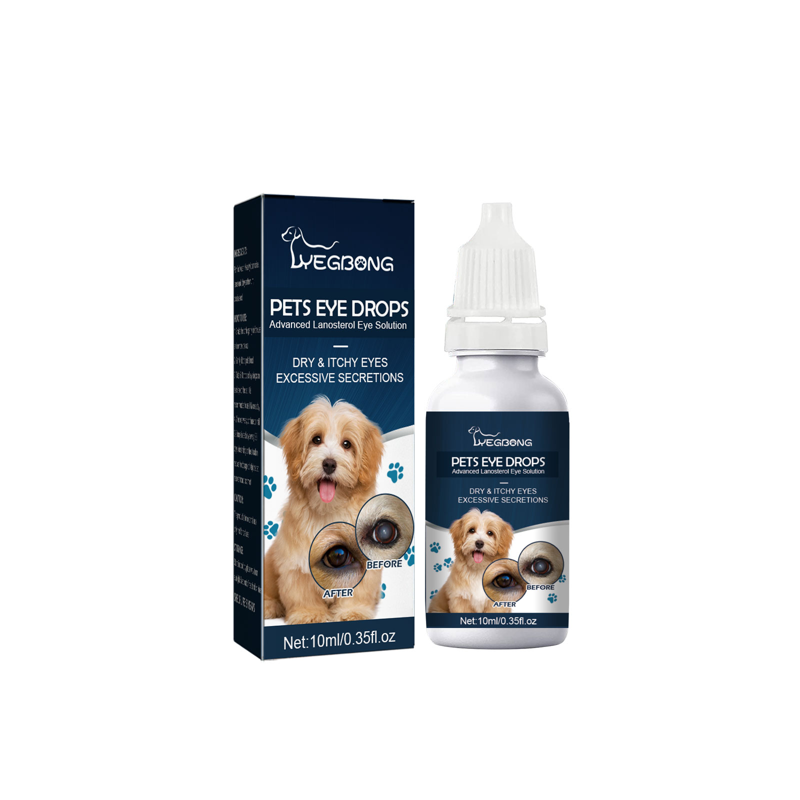 Compact 10ml pet eye drops bottle beside carton