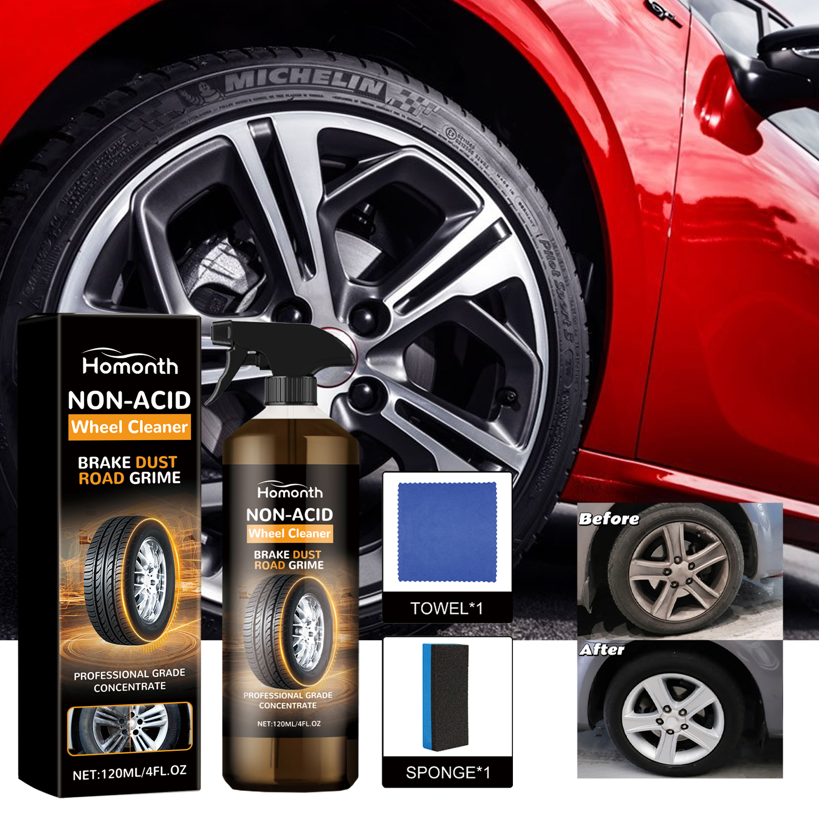 Wheel cleaner shown beside dirty and clean wheel