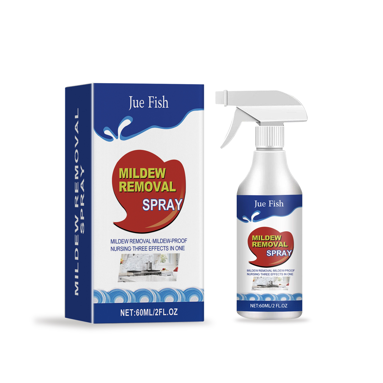 Compact white mildew spray bottle and blue retail carton