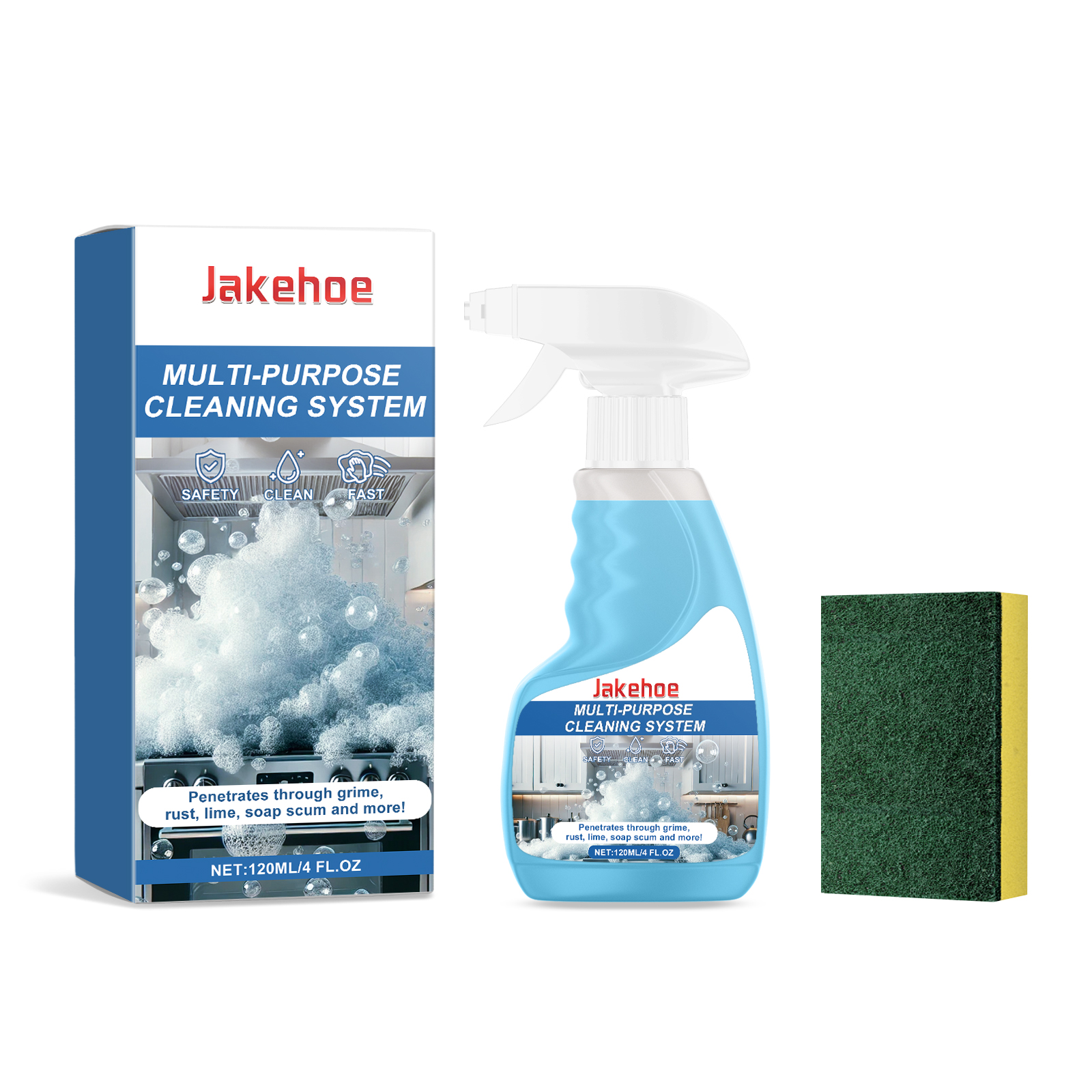 Foam cleaner bottle and included rectangular scrub sponge