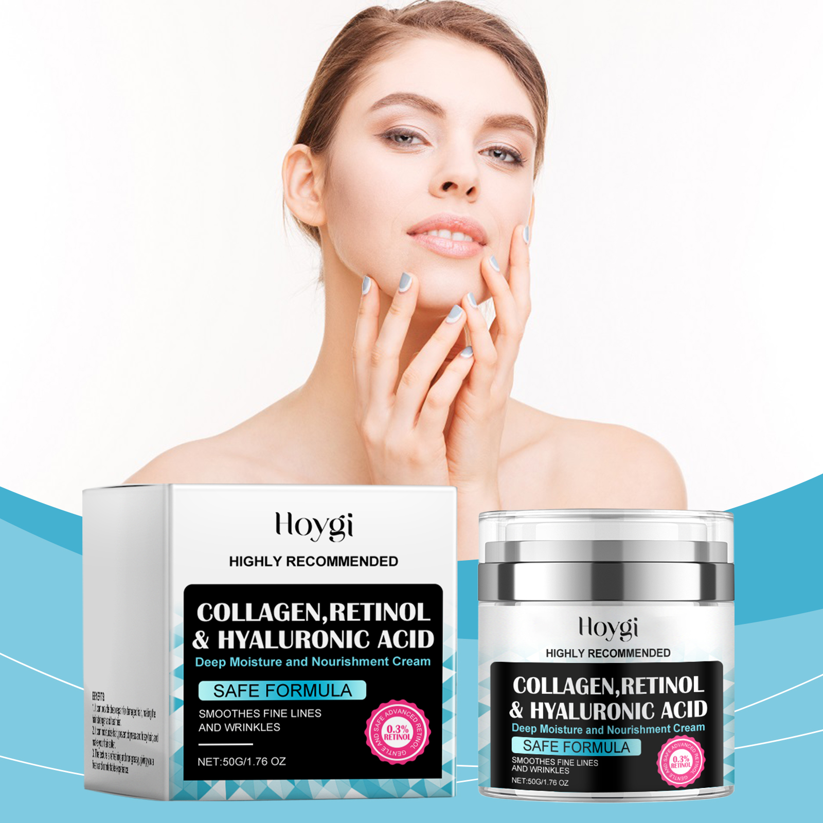 Woman touching hydrated cheek beside cream jar
